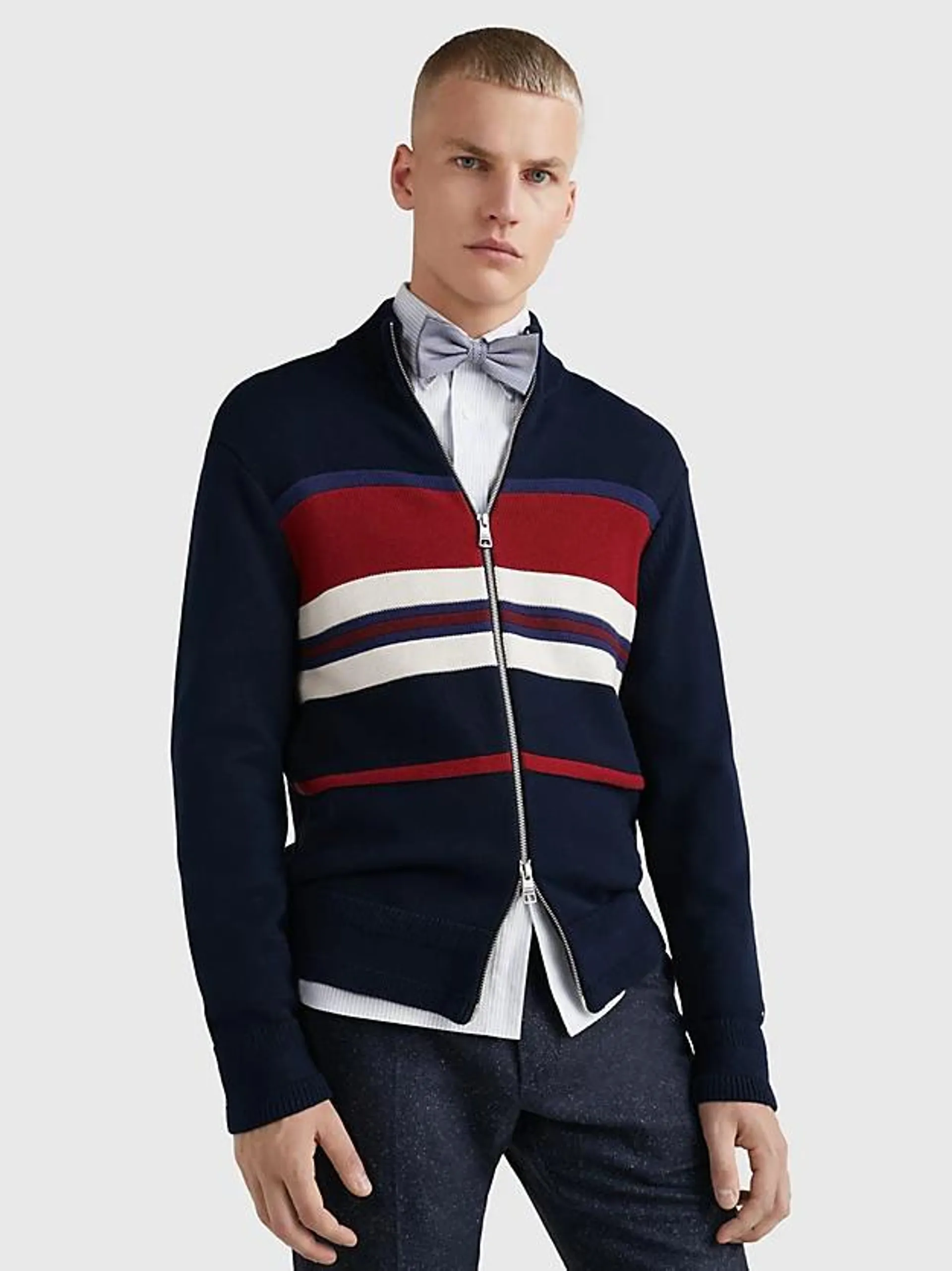 Mixed Stripe Zip-Thru Relaxed Fit Cardigan