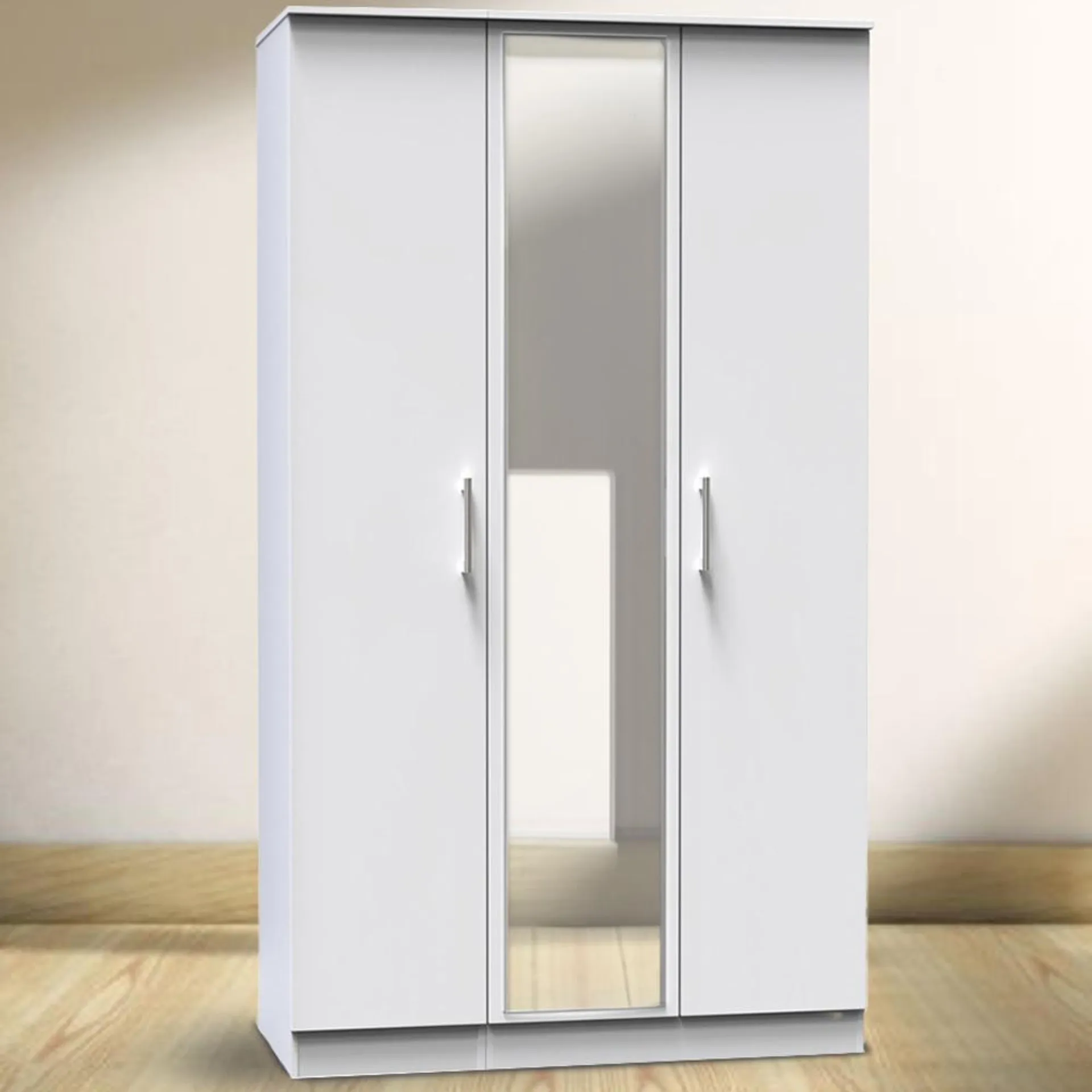 Crowndale Devon Ready Assembled 3 Door White Matt Mirrored Wardrobe