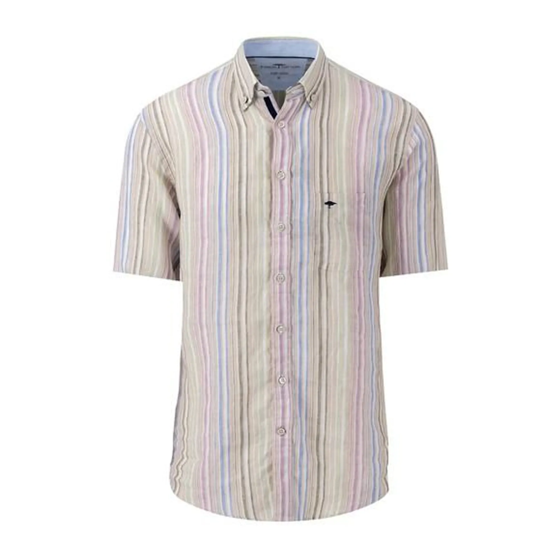 Mens Green SS Pure Linen Striped Shirt