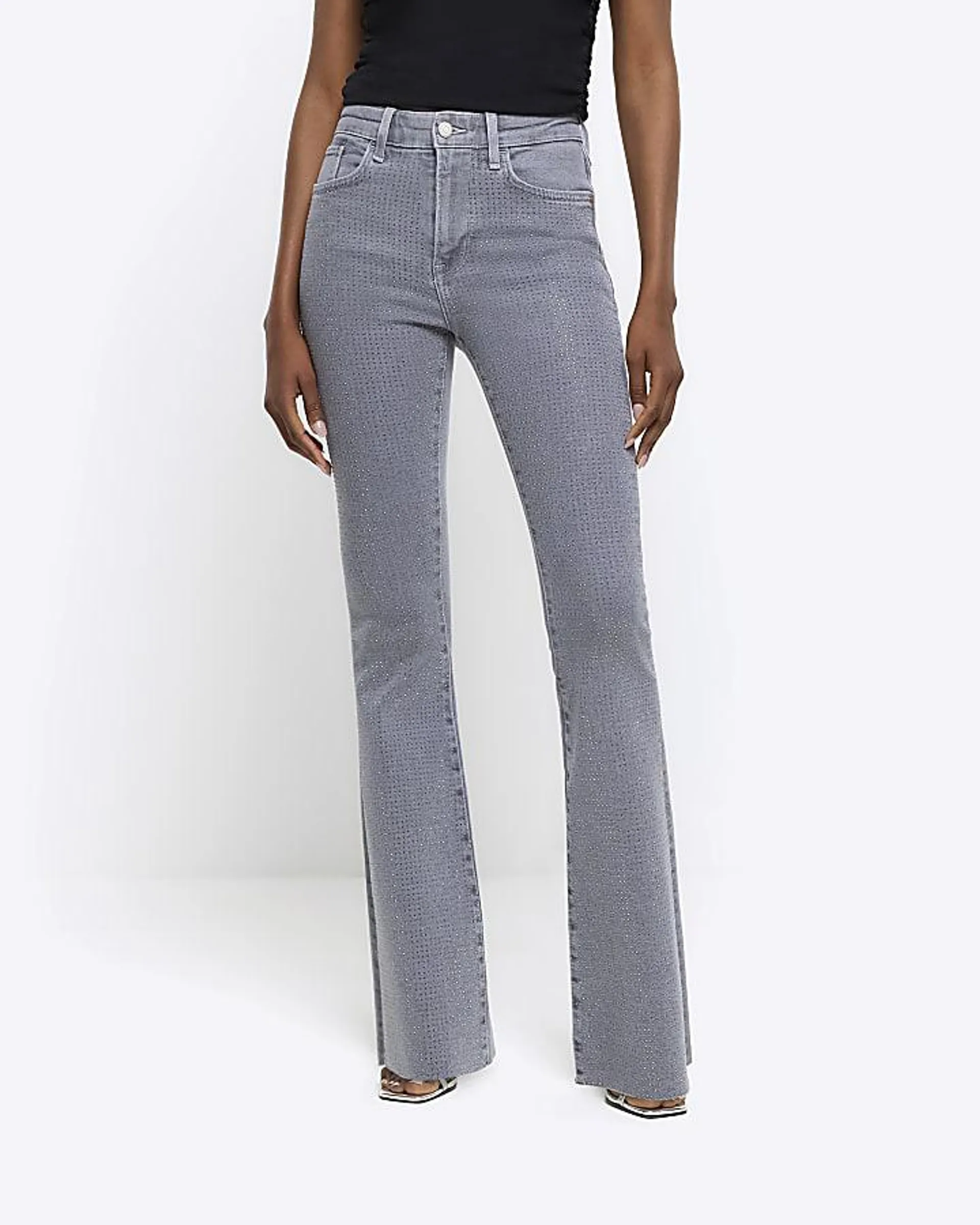 Grey high wasted embellished flared jeans