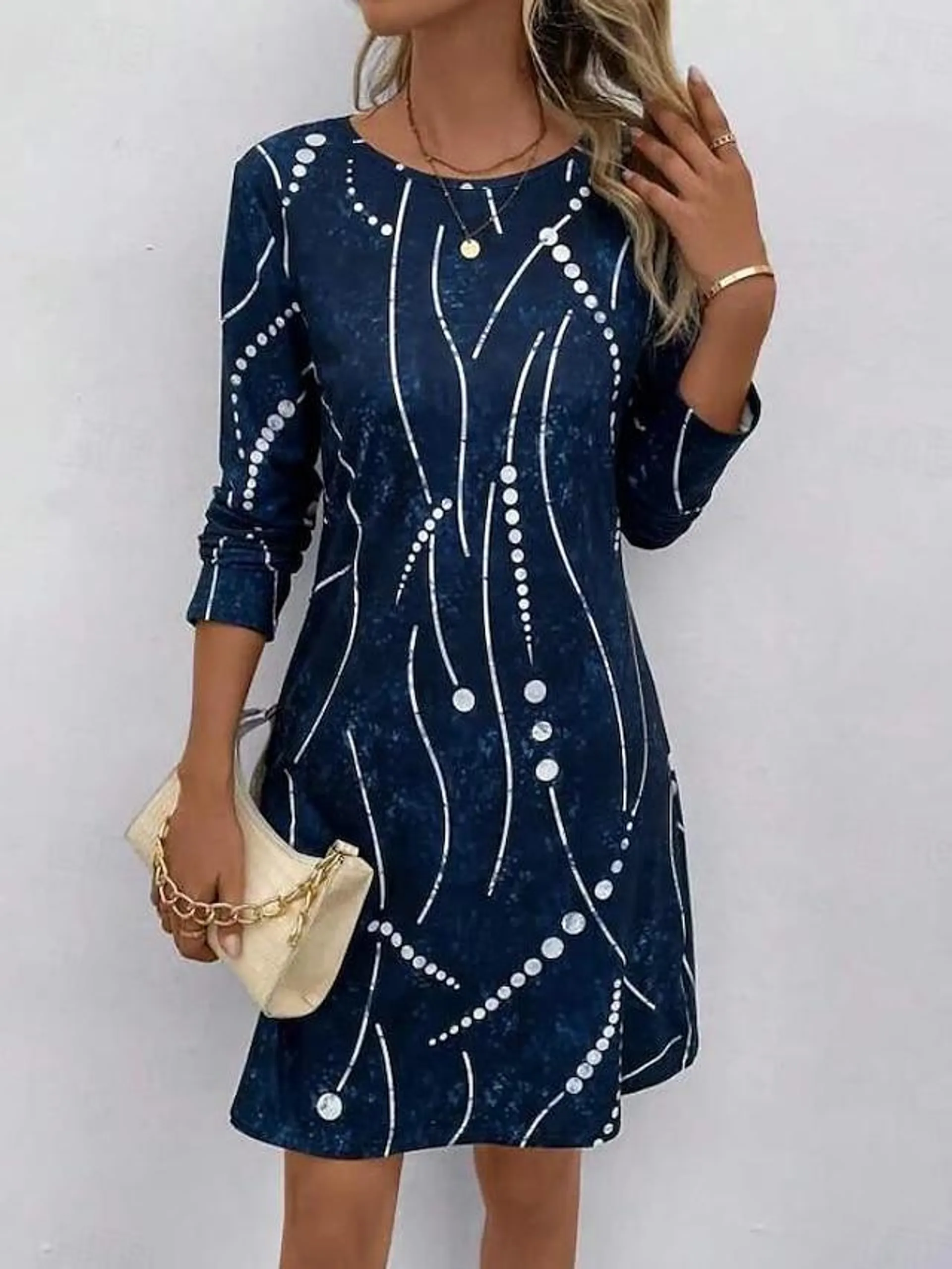 Women's Polka Dot Print Crew Neck Mini Dress Long Sleeve Summer Spring