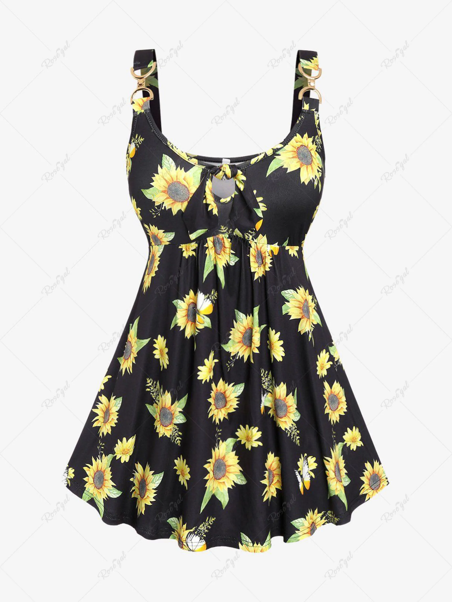 Plus Size Sunflower Print Hole Knotted Buckle Cami Top - 2x | Us 18-20
