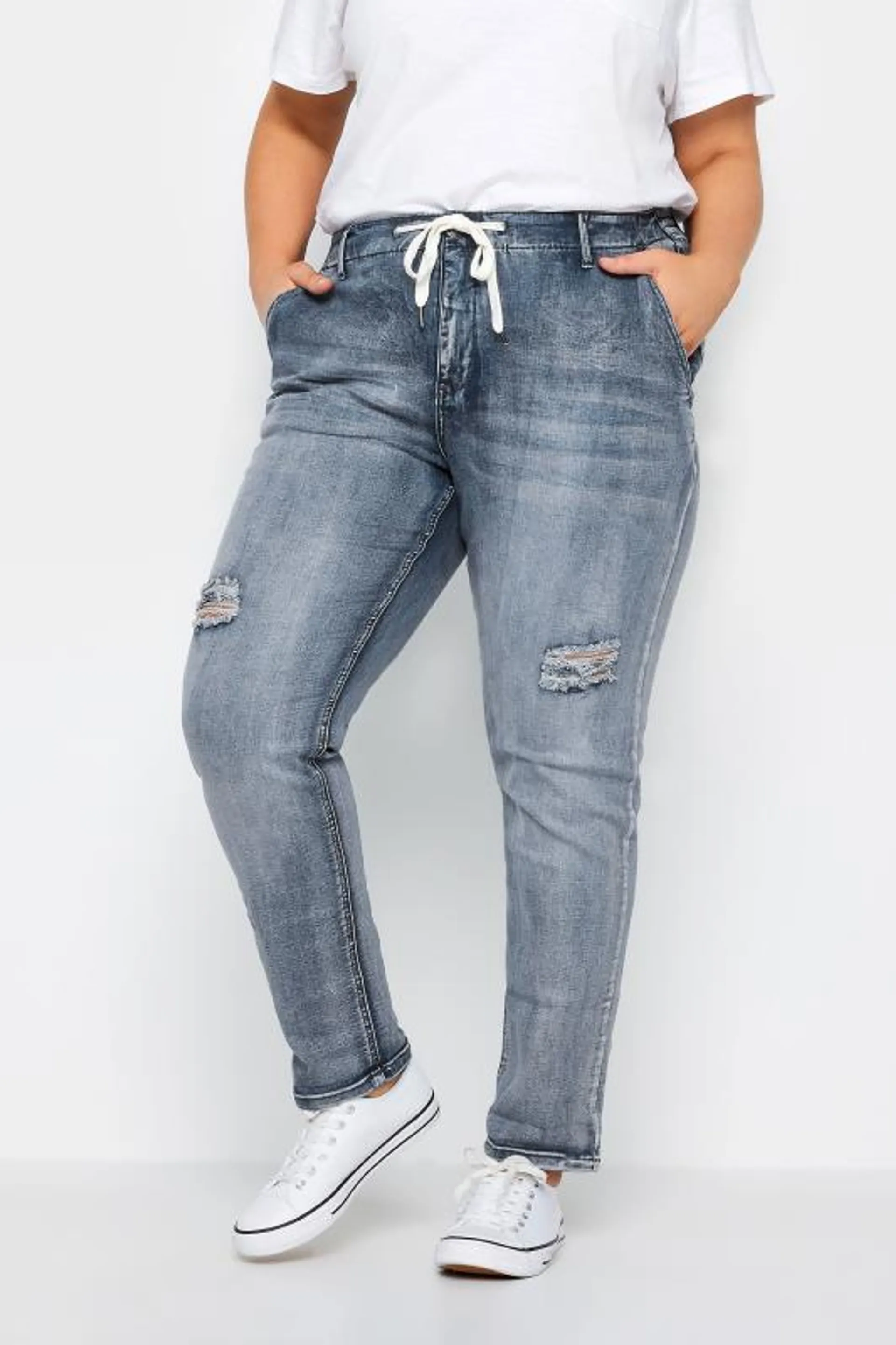 Avenue Blue Washed Distressed Drawstring Jeans