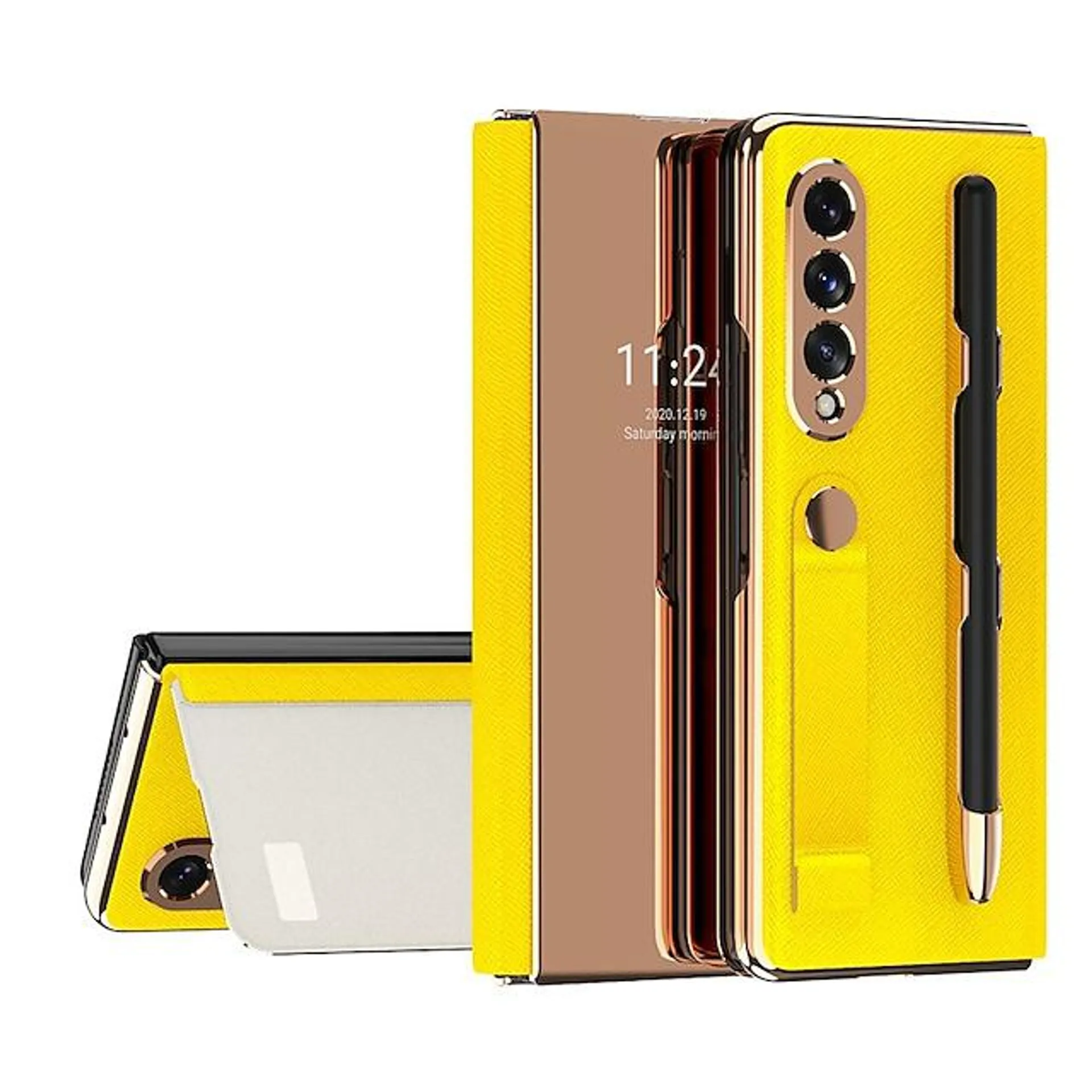 Phone Case For Samsung Galaxy Full Body Case Z Fold 3 Portable Plating with S Pen Solid Colored PC PU Leather
