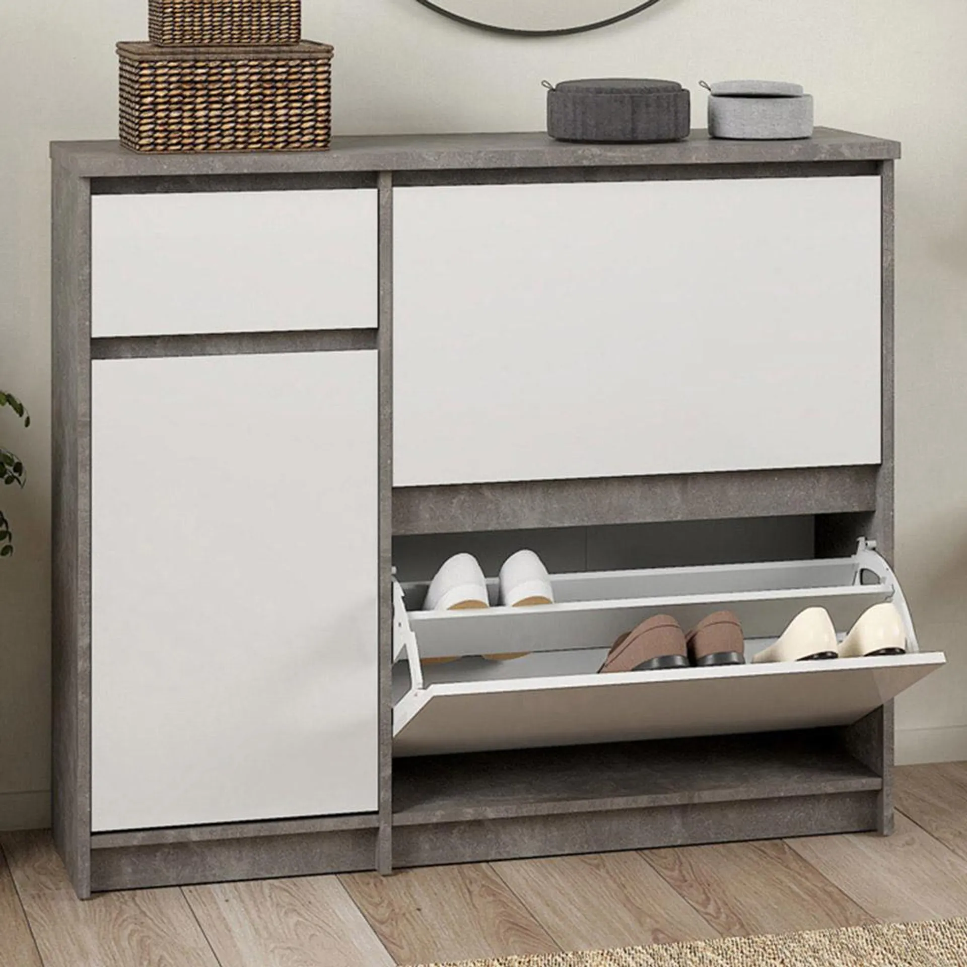 Florence Single Door 3 Drawer Concrete and White High Gloss Shoe Cabinet