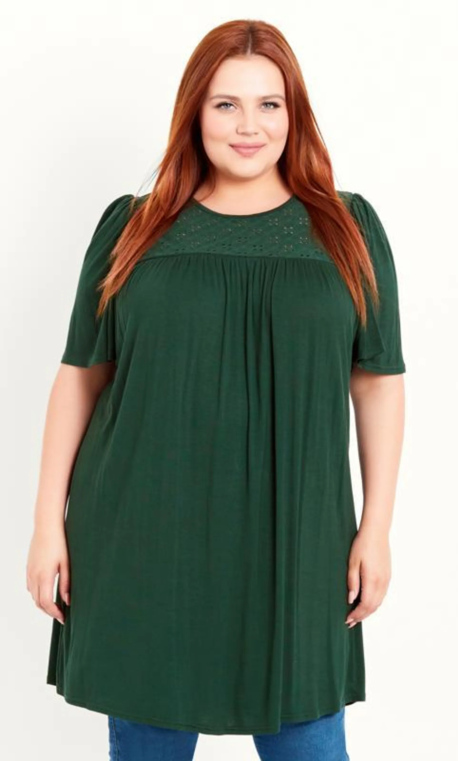 Evans Bottle Green Broderie Yoke Tunic Top