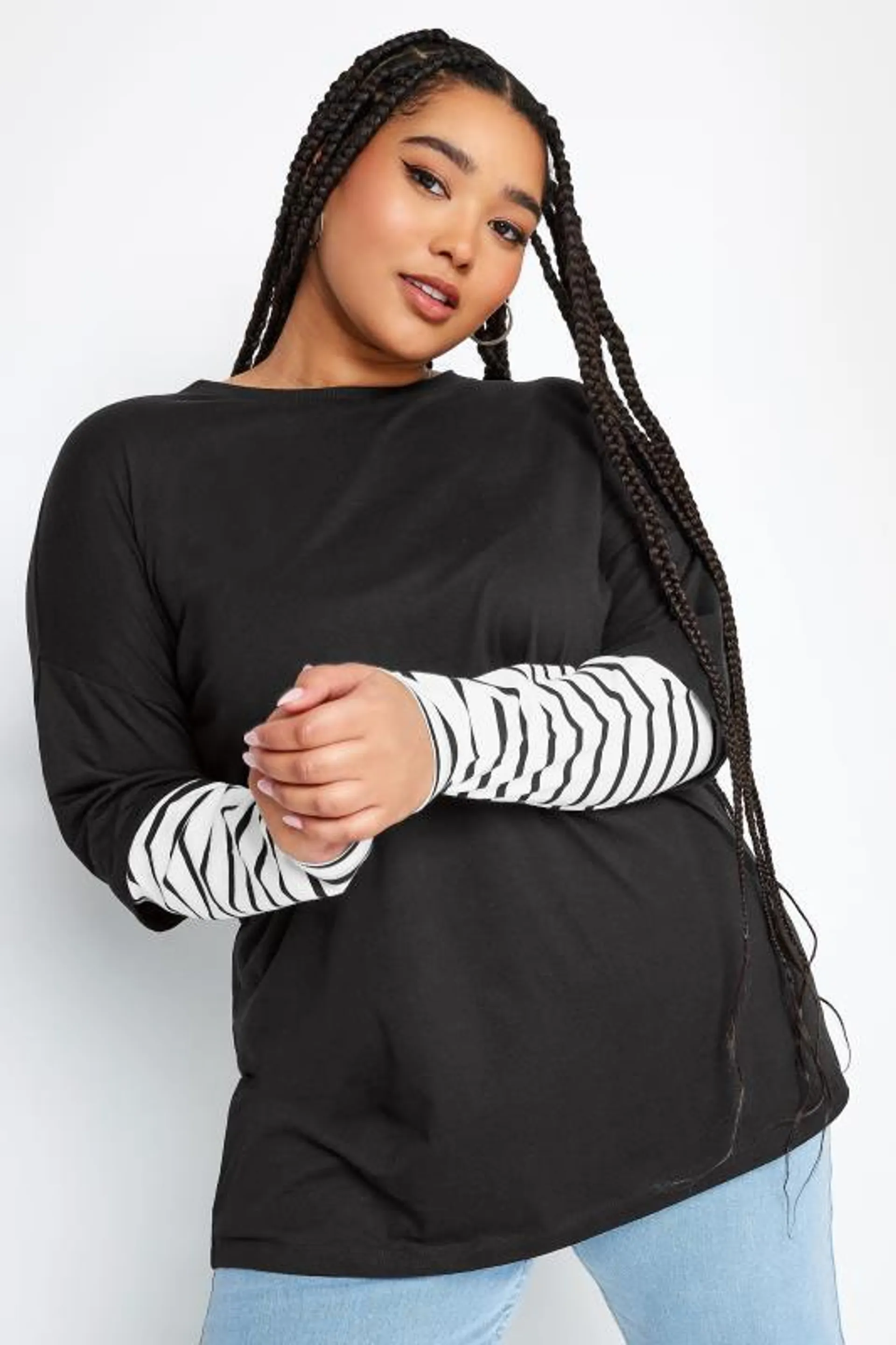 YOURS Curve Black 2 In 1 Stripe Sleeve Top