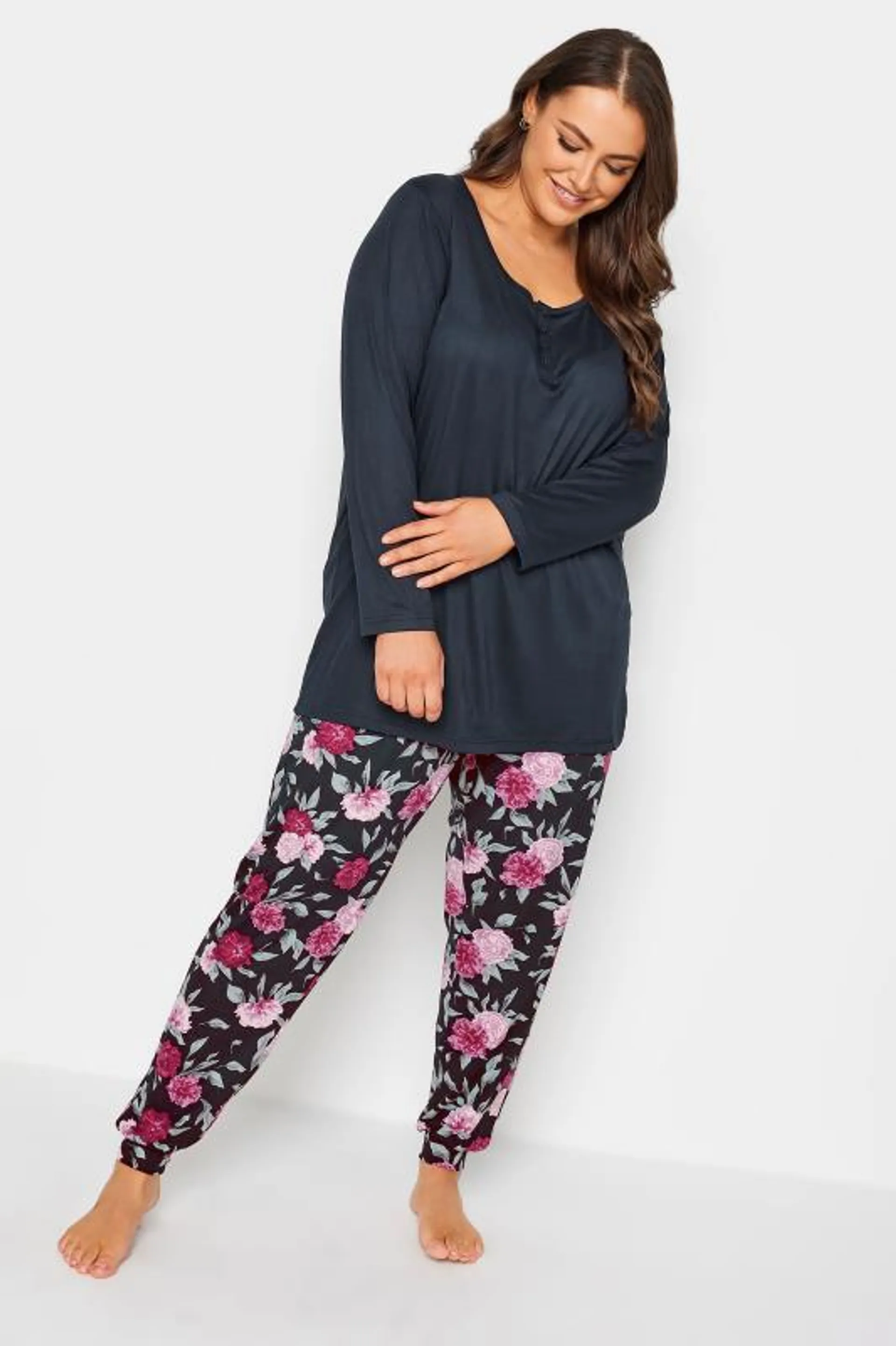 YOURS Curve Navy Blue Floral Print Soft Touch Pyjama Set