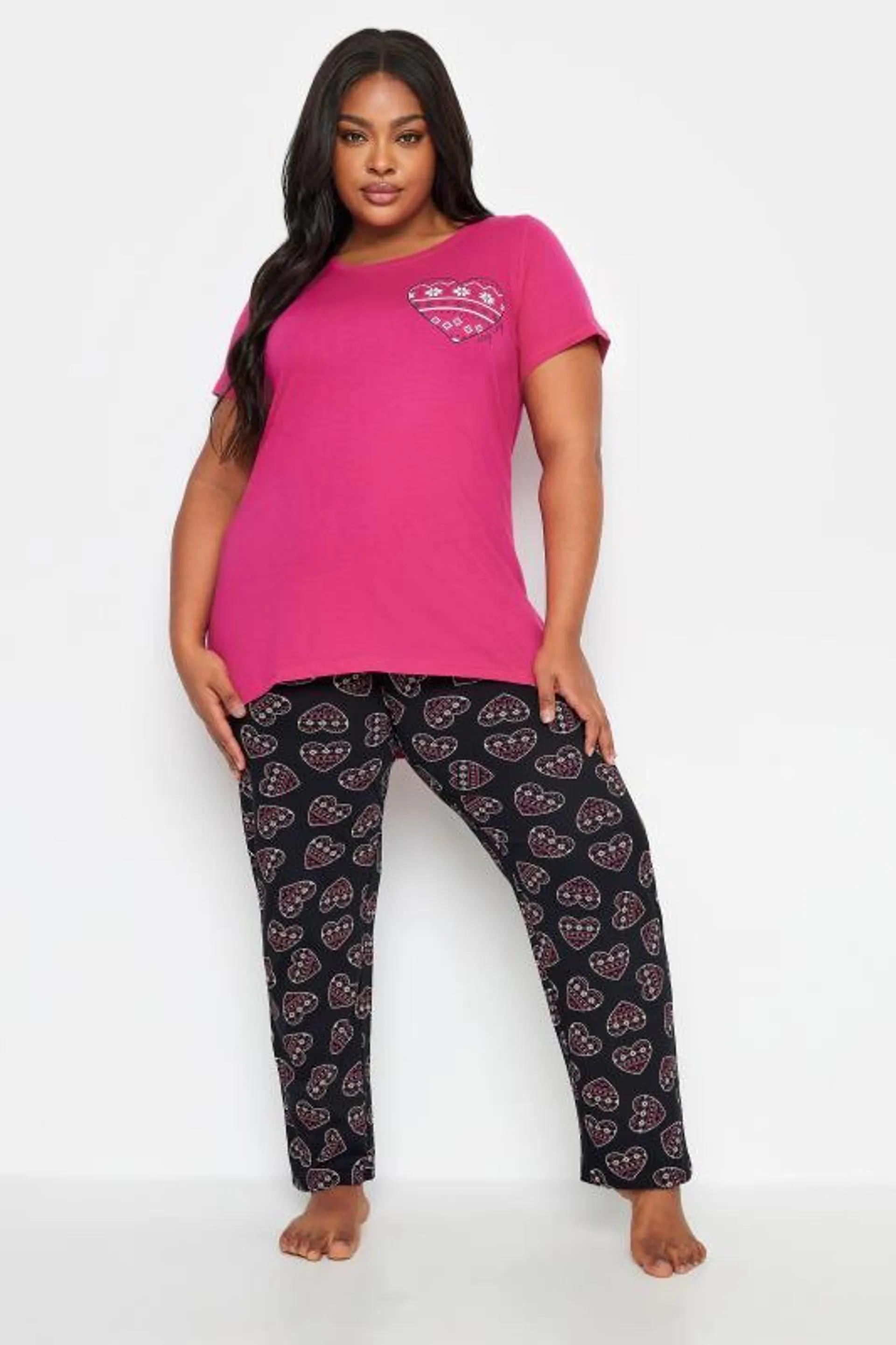 YOURS Curve Pink Fairisle Heart Print Pyjama Set