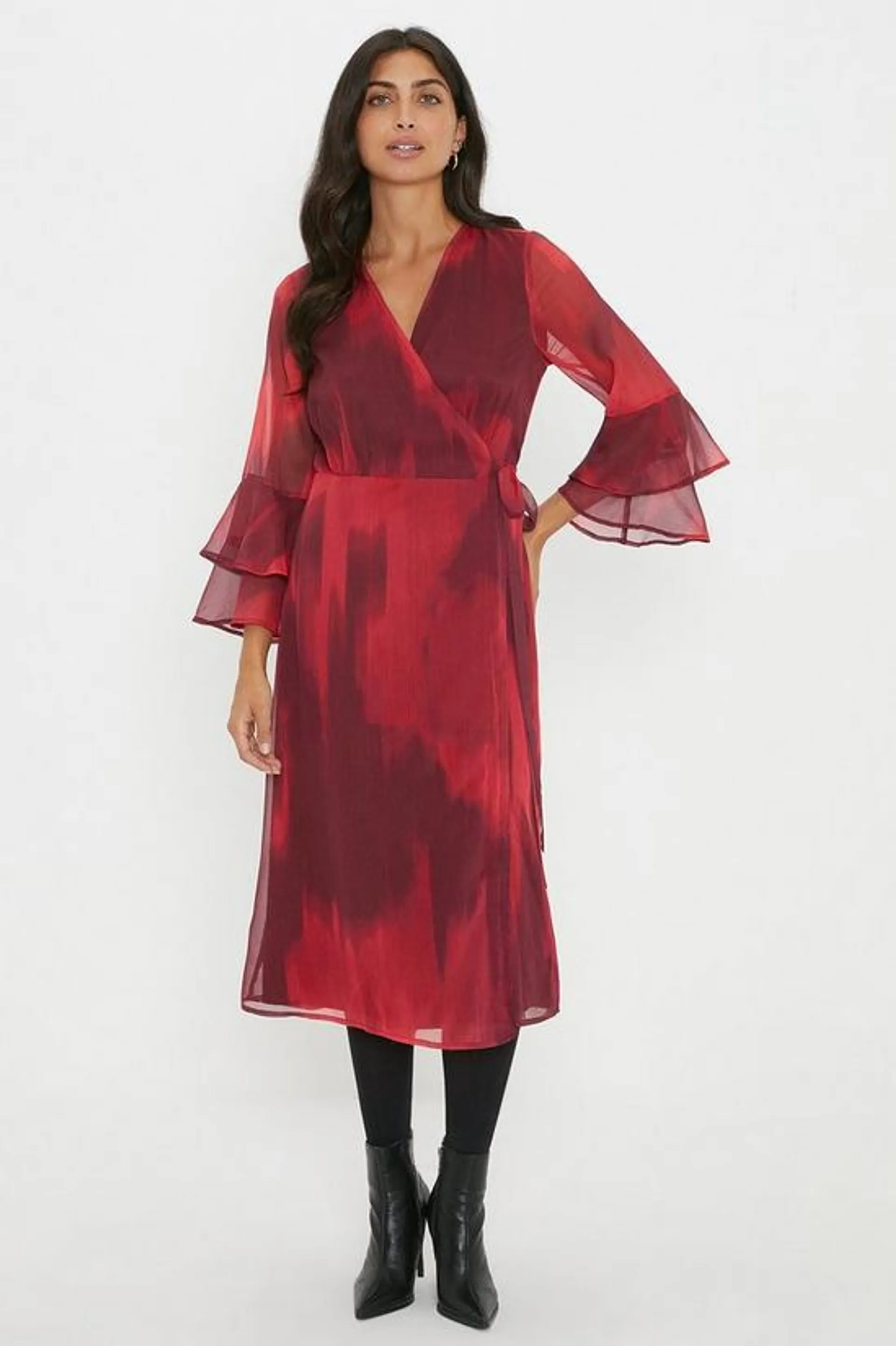 Red Ombre Flute Sleeve Wrap Dress