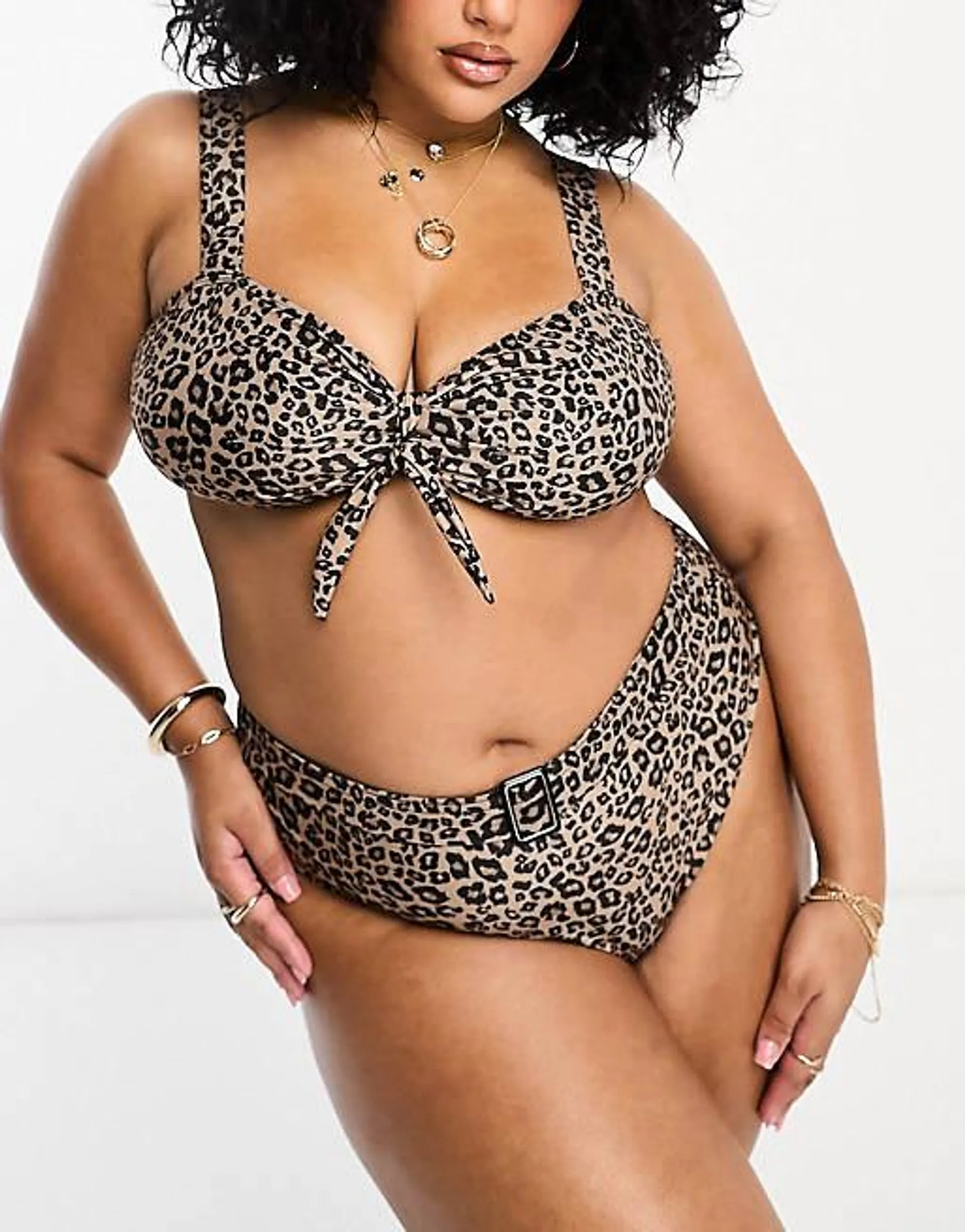 Brave Soul Plus belted bikini set in brown leopard print