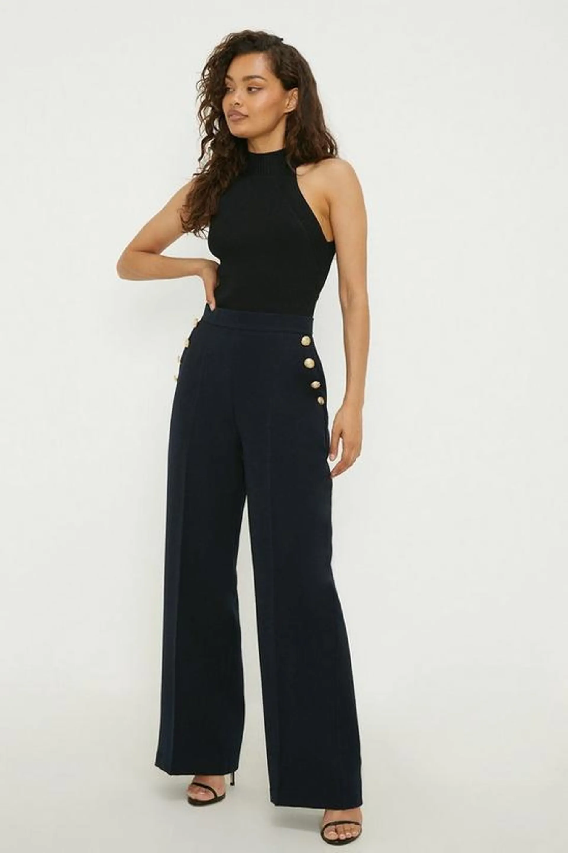 Petite Button Tailored Wide Leg Trouser