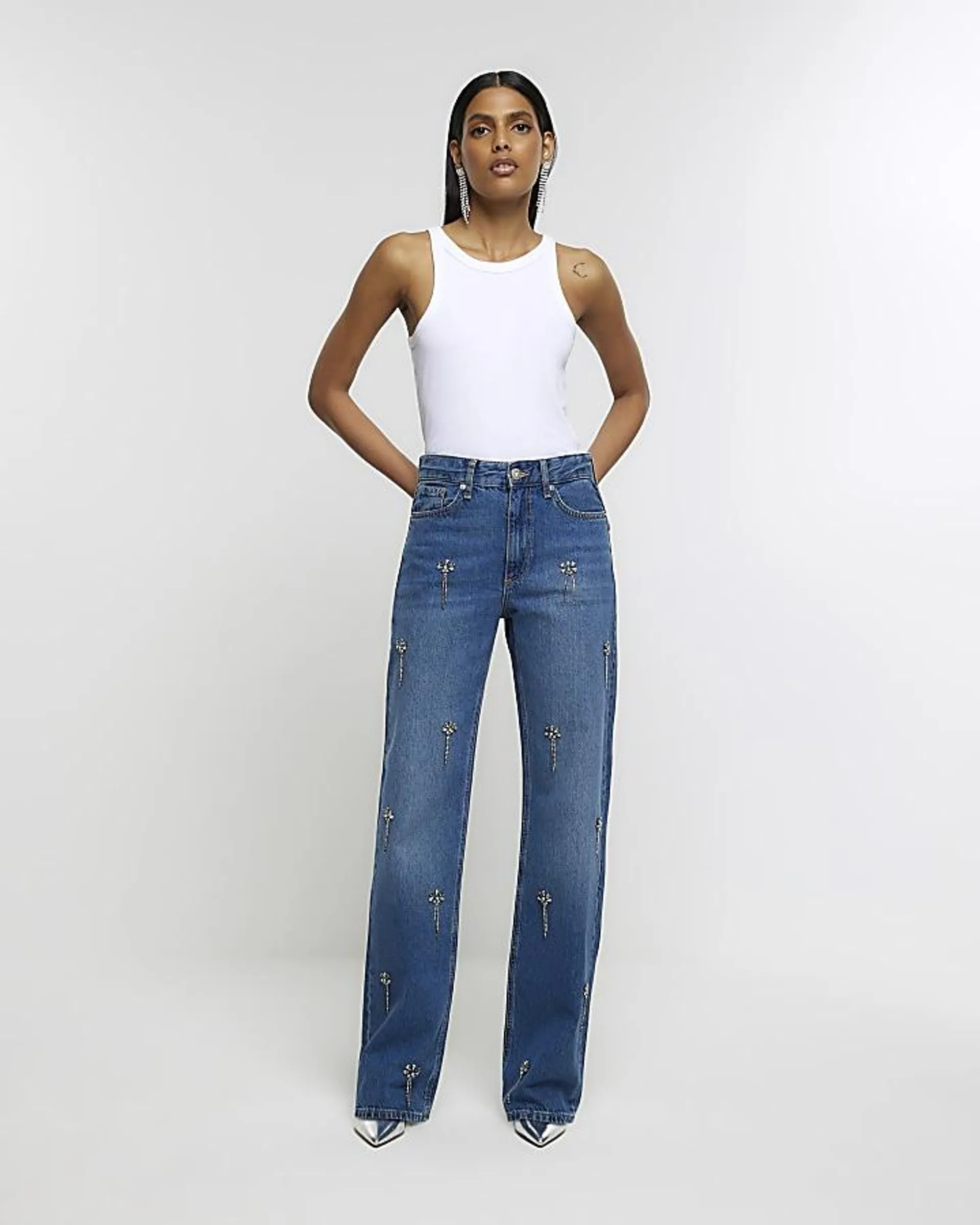 Blue embellished relaxed straight jeans