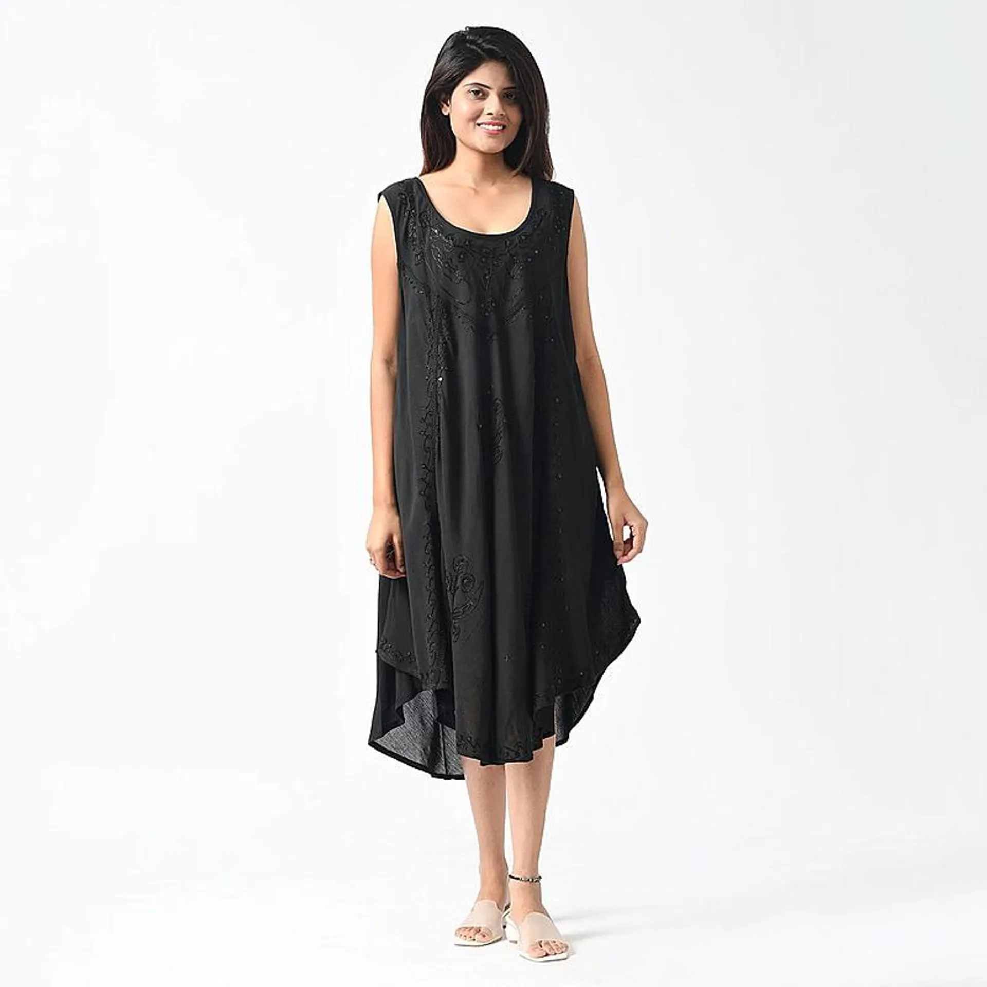 TAMSY Umbrella Dress with Sequin Floral Embroidery - Black