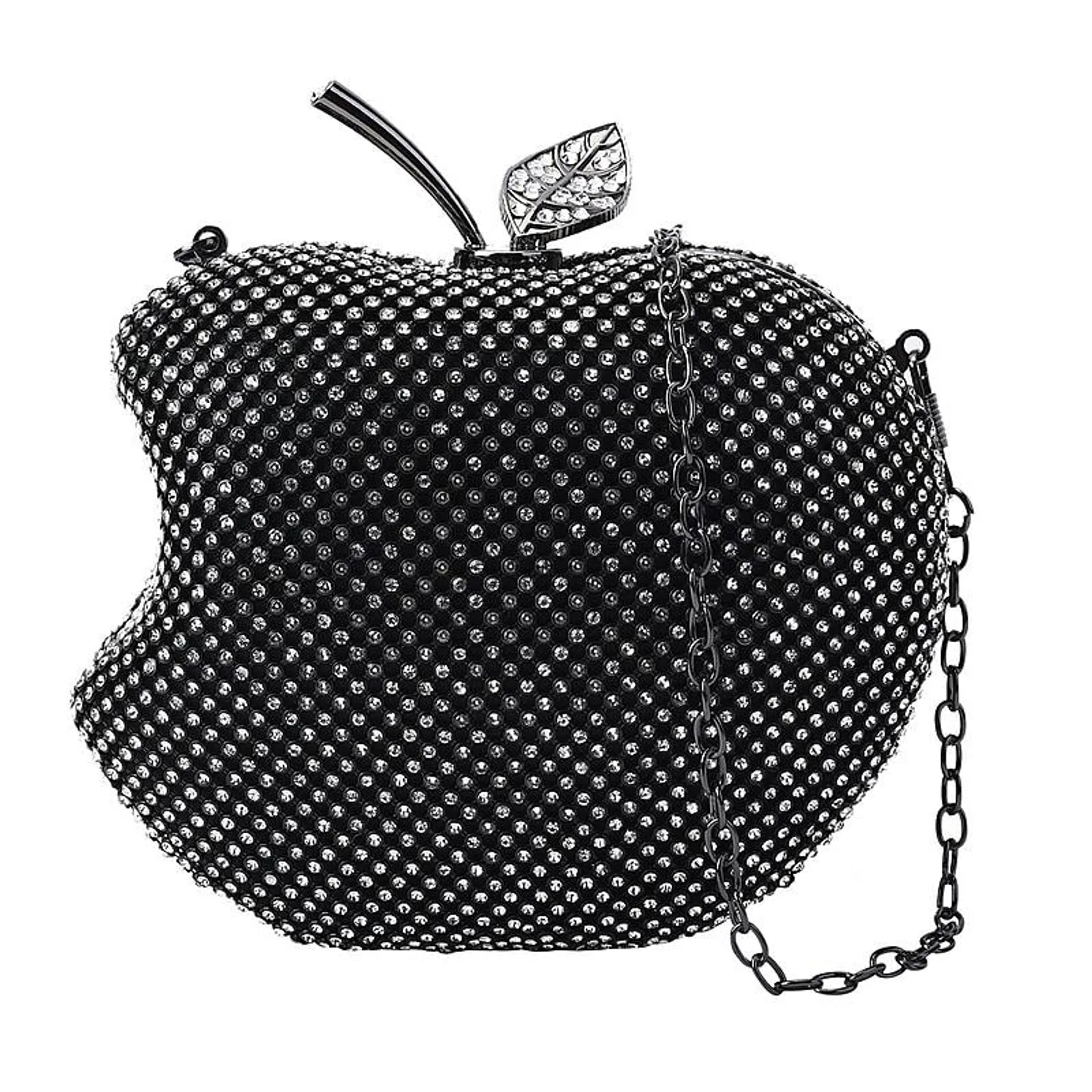 Back By Popular Demand - Apple Shape Crystal Clutch Bag with Long Chain Strap & Toggle Clip - Gun