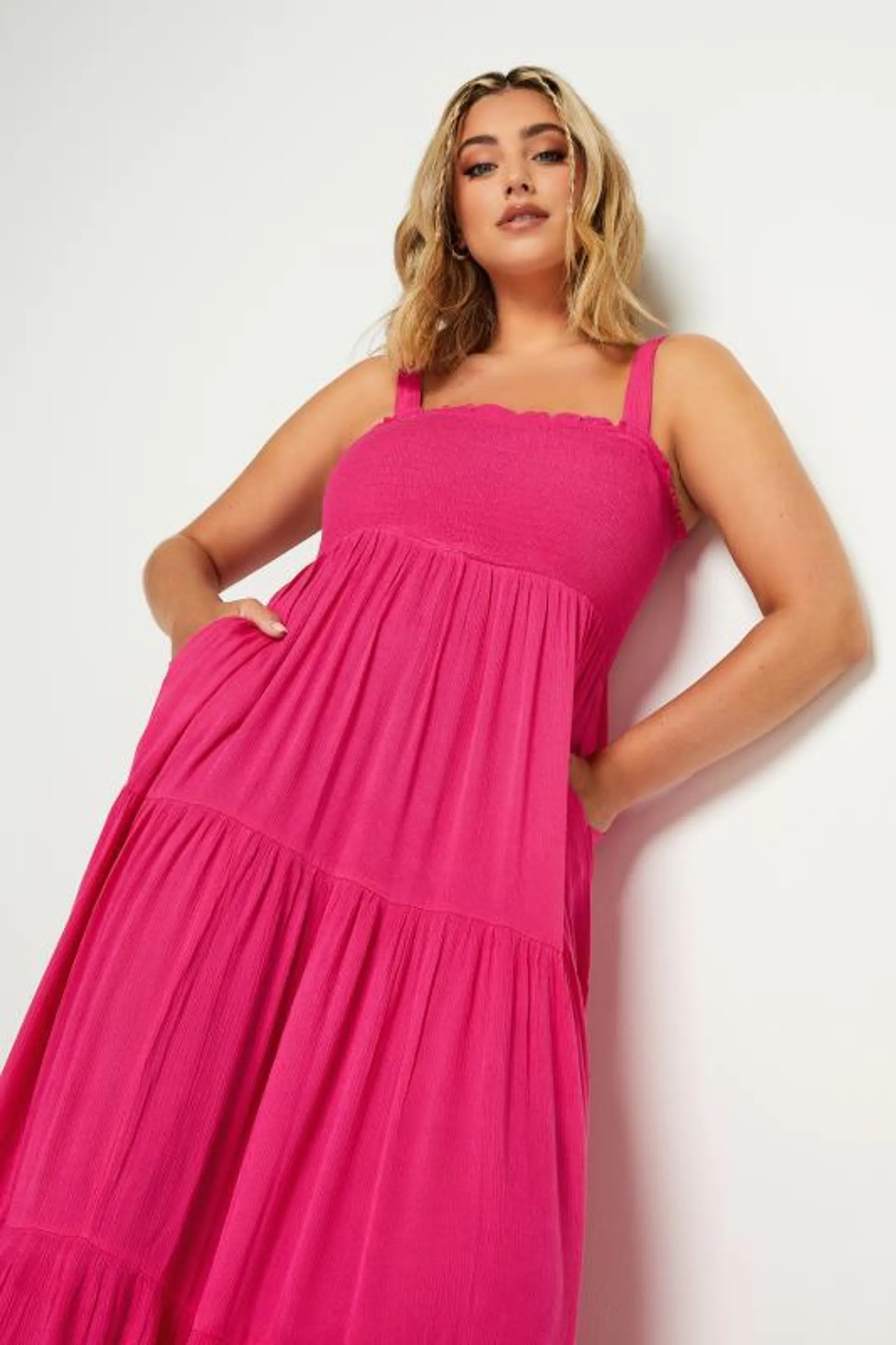 YOURS Curve Hot Pink Shirred Strappy Sundress