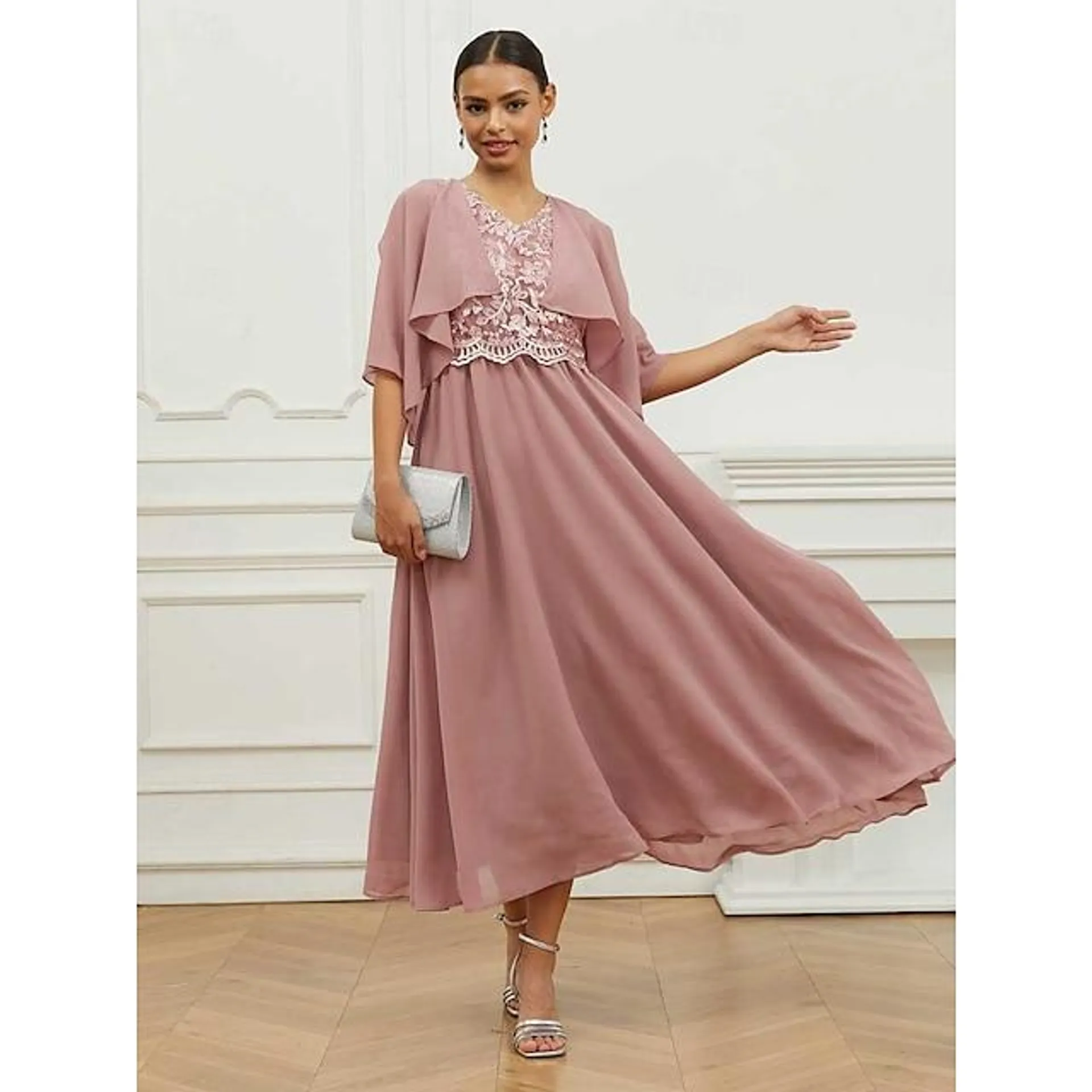 Dames Jurk Set Chiffon Kant Ruche V-hals Korte mouw Maxi-jurk Bruiloft gast Cocktailparty Elegant Formeel Blozend Roze Zomer