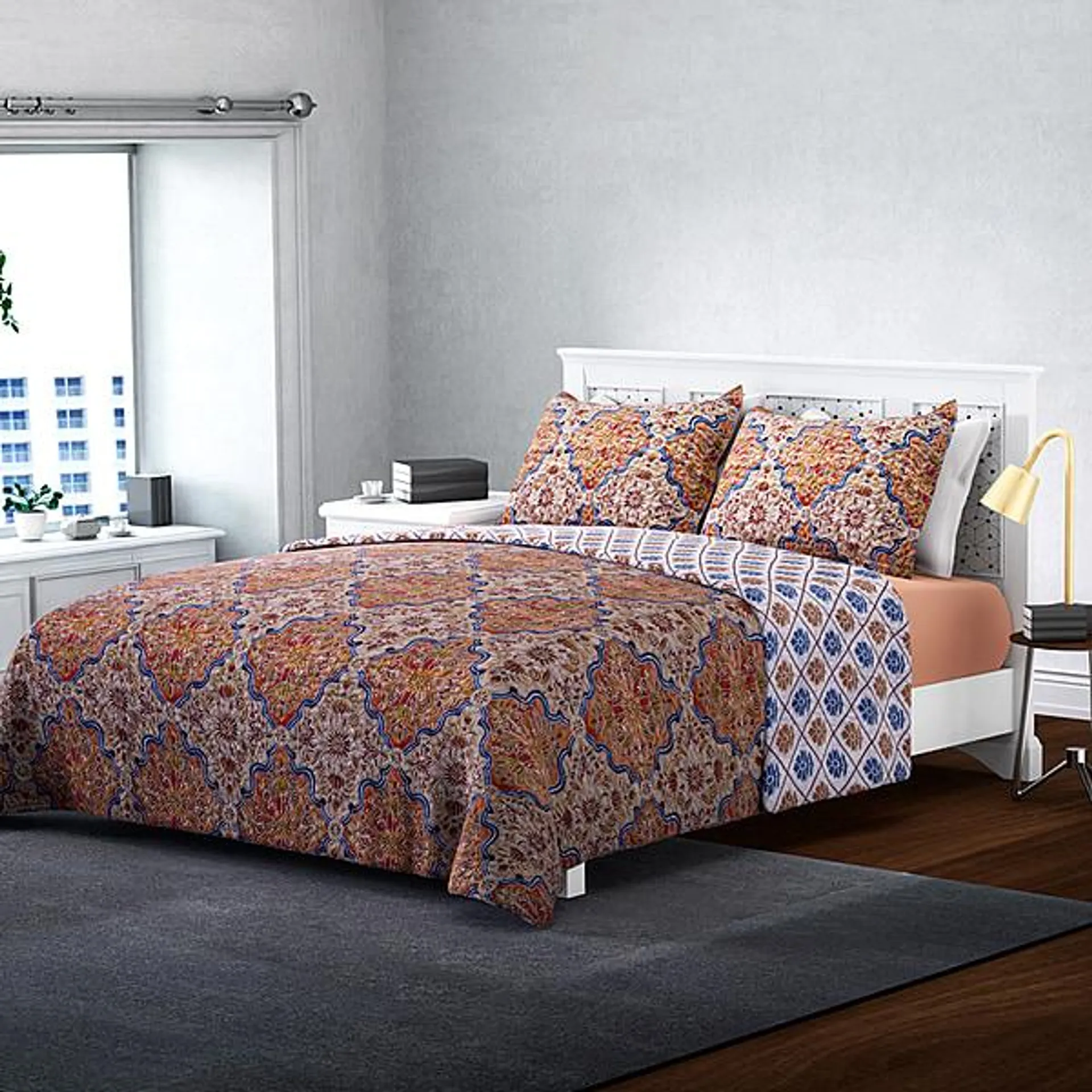 3 Piece Set of Abstract Floral Pattern Quilt and 2 Pillow Covers - Orange and Multi