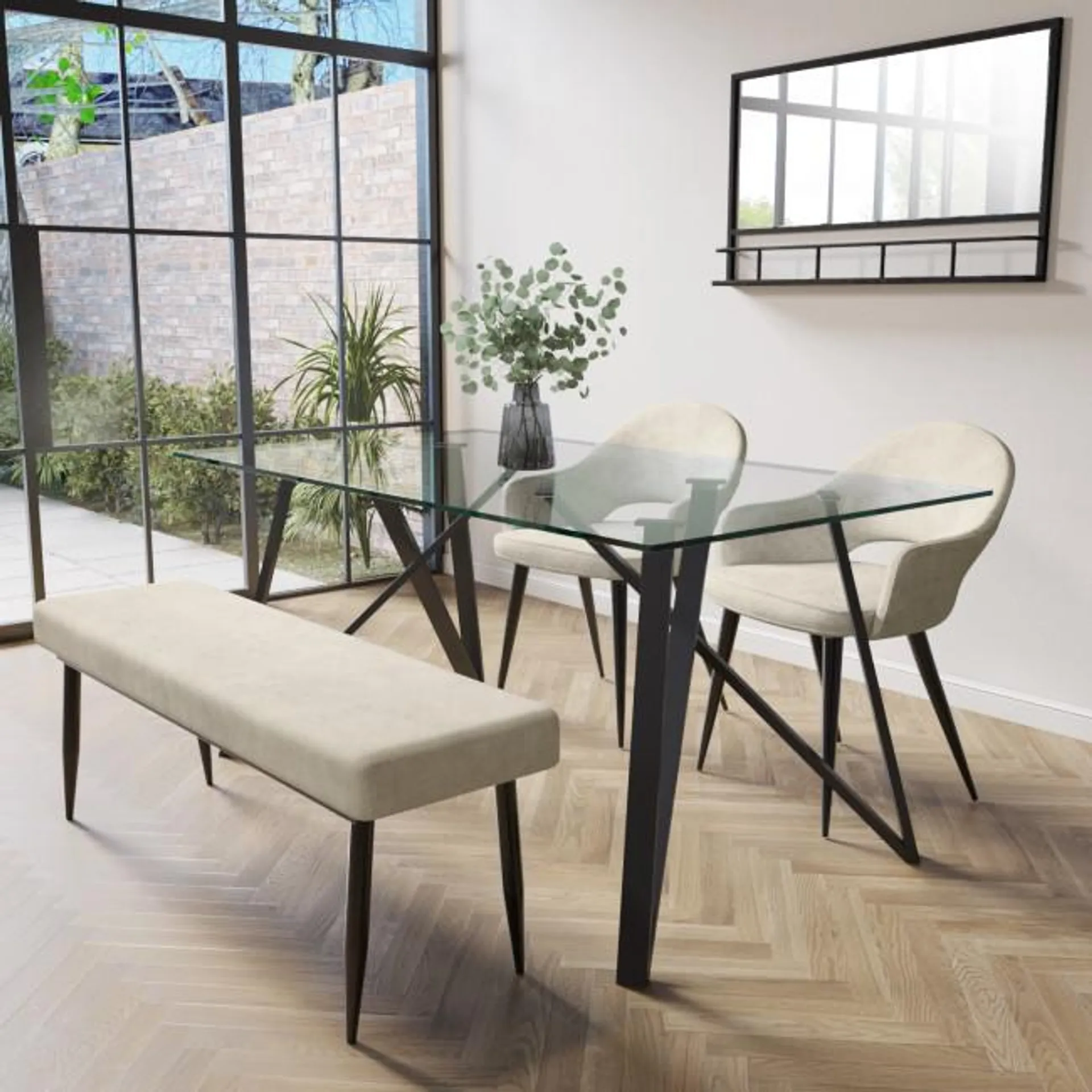 Glass Dining Table with 2 Beige Fabric Dining Chairs & 1 Beige Fabric Dining Bench - Dax