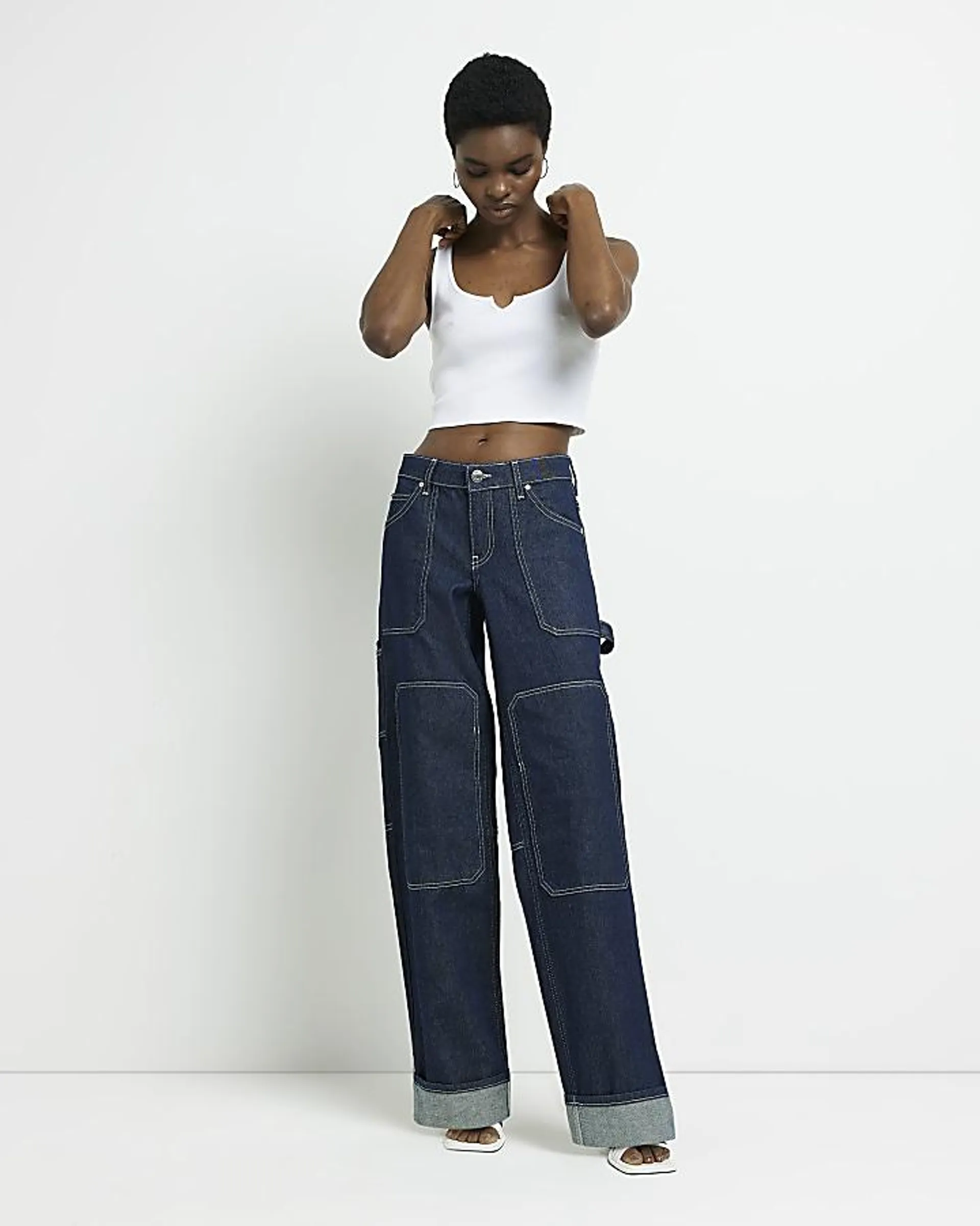 Blue low rise wide leg cargo jeans