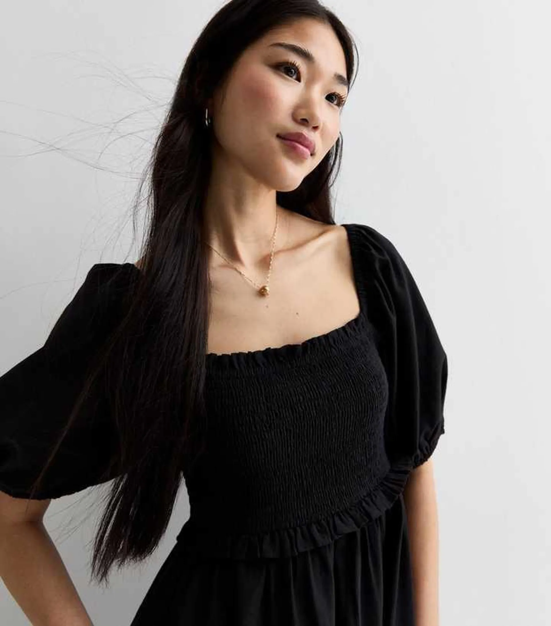 Black Square Neck Shirred Midi Dress