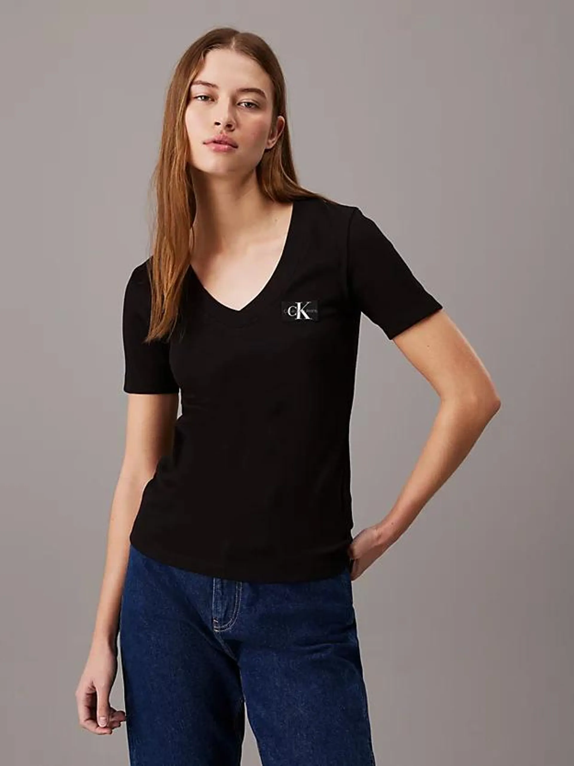 Ribbed Cotton V-neck T-shirt