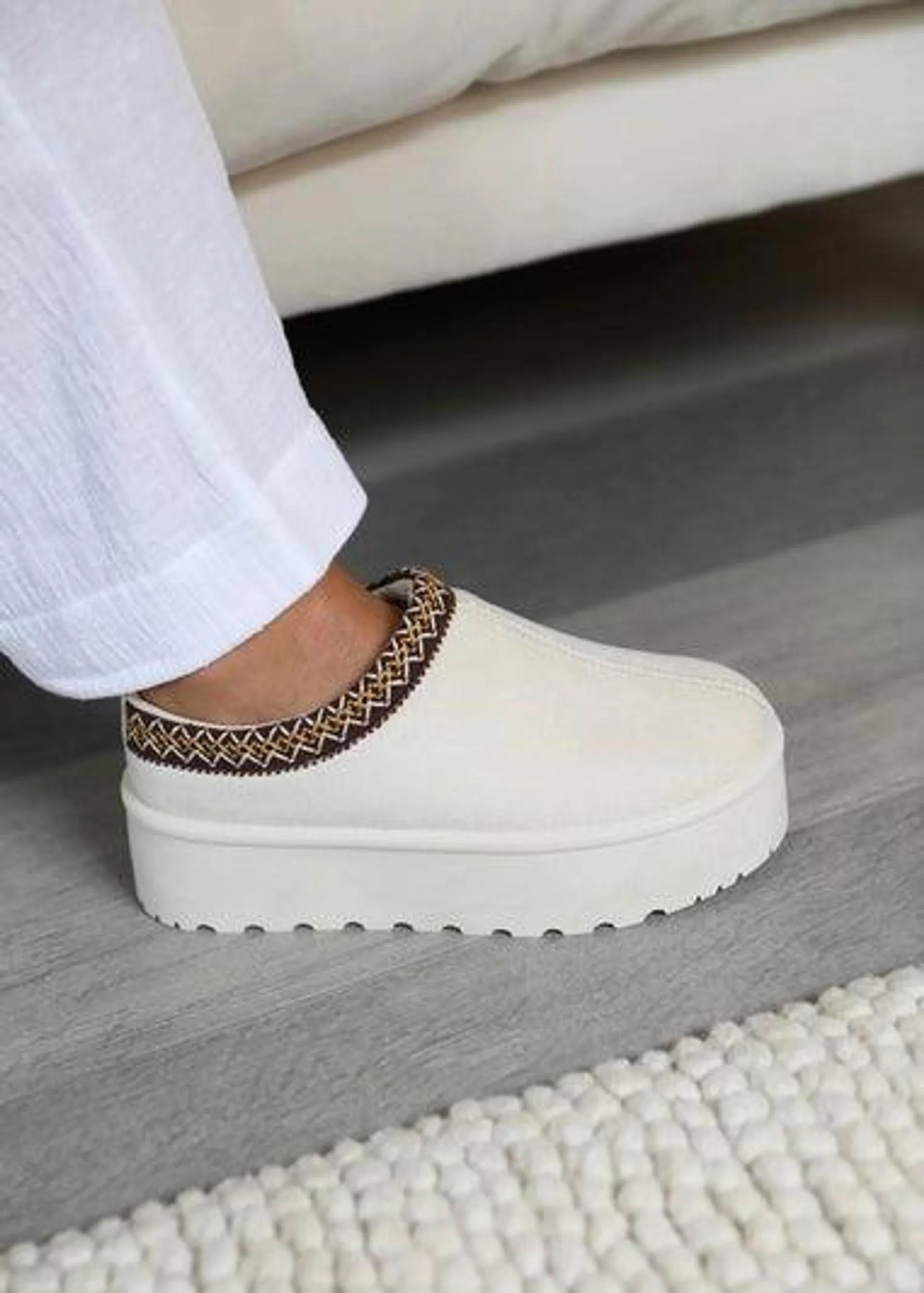 Where's That From Allegra Cream Faux-Suede Embroidered Ankle Slipper Boots