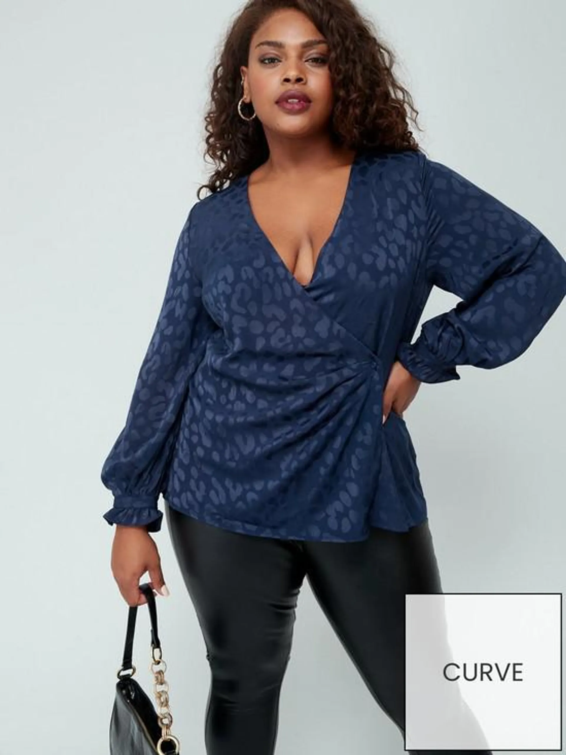 V by Very Curve Jaquard Animal Wrap Top - Blue