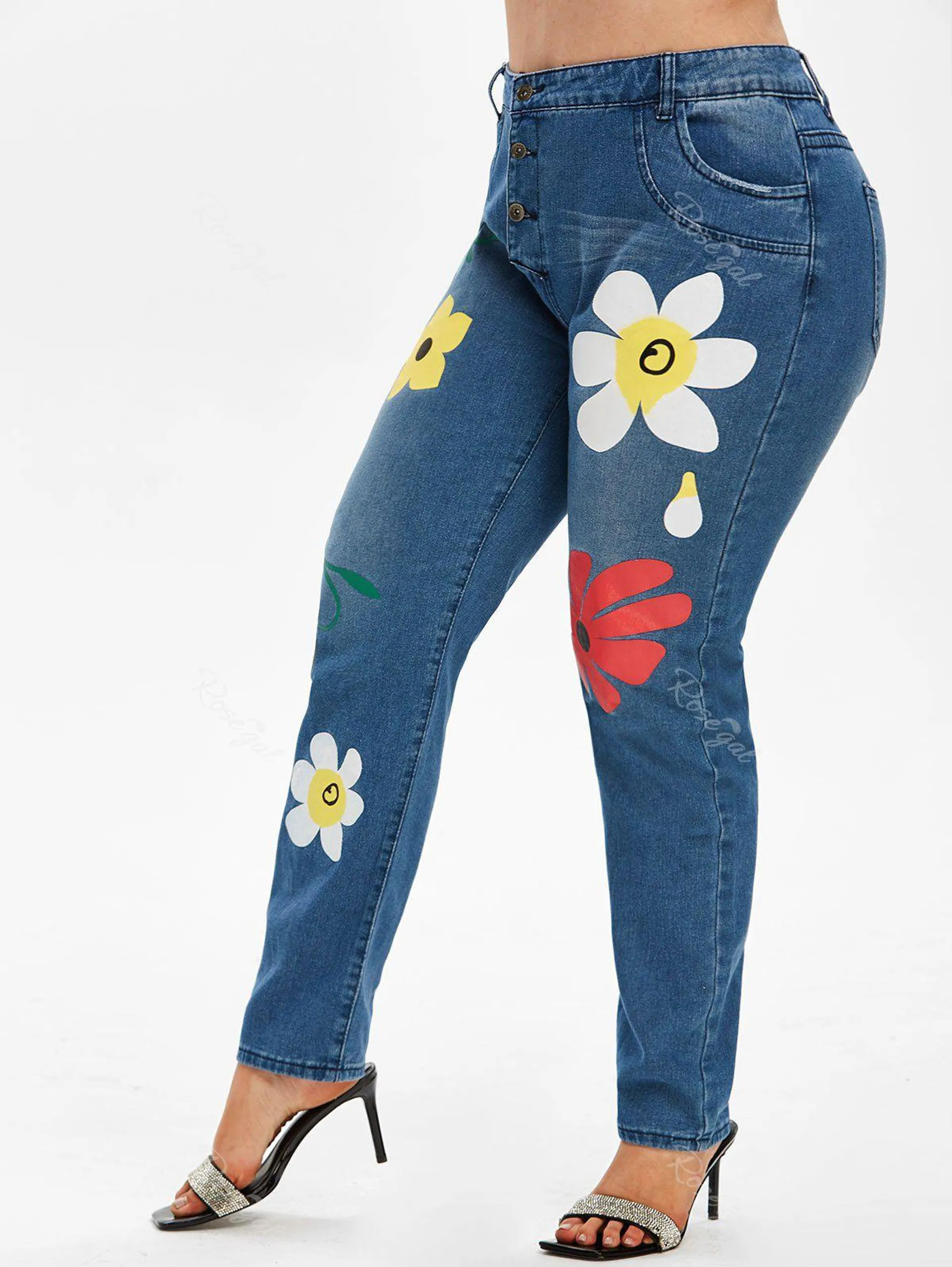 Plus Size Button Fly Floral Print Jeans - L