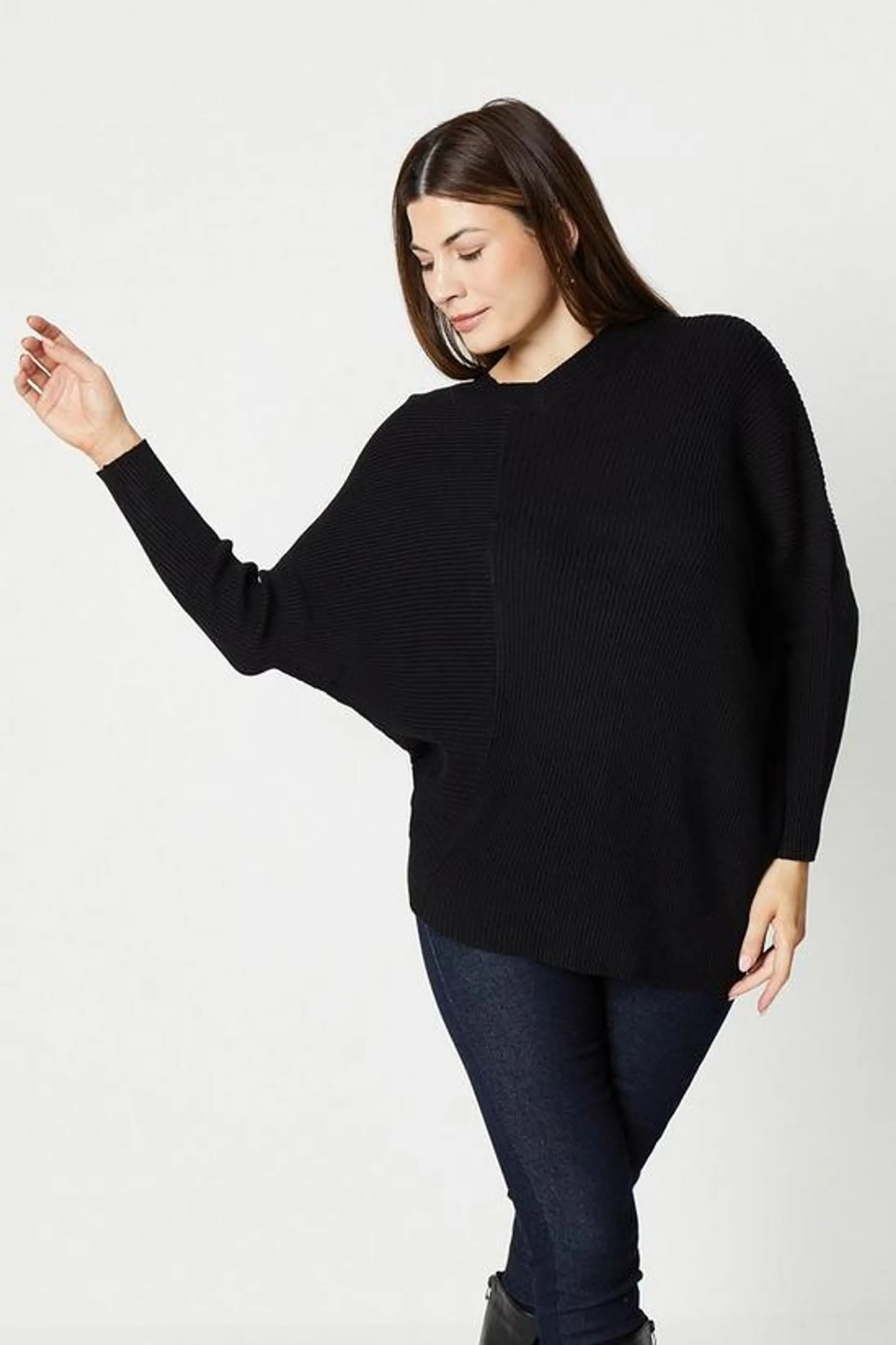 Ribbed V Neck Batwing Jumper