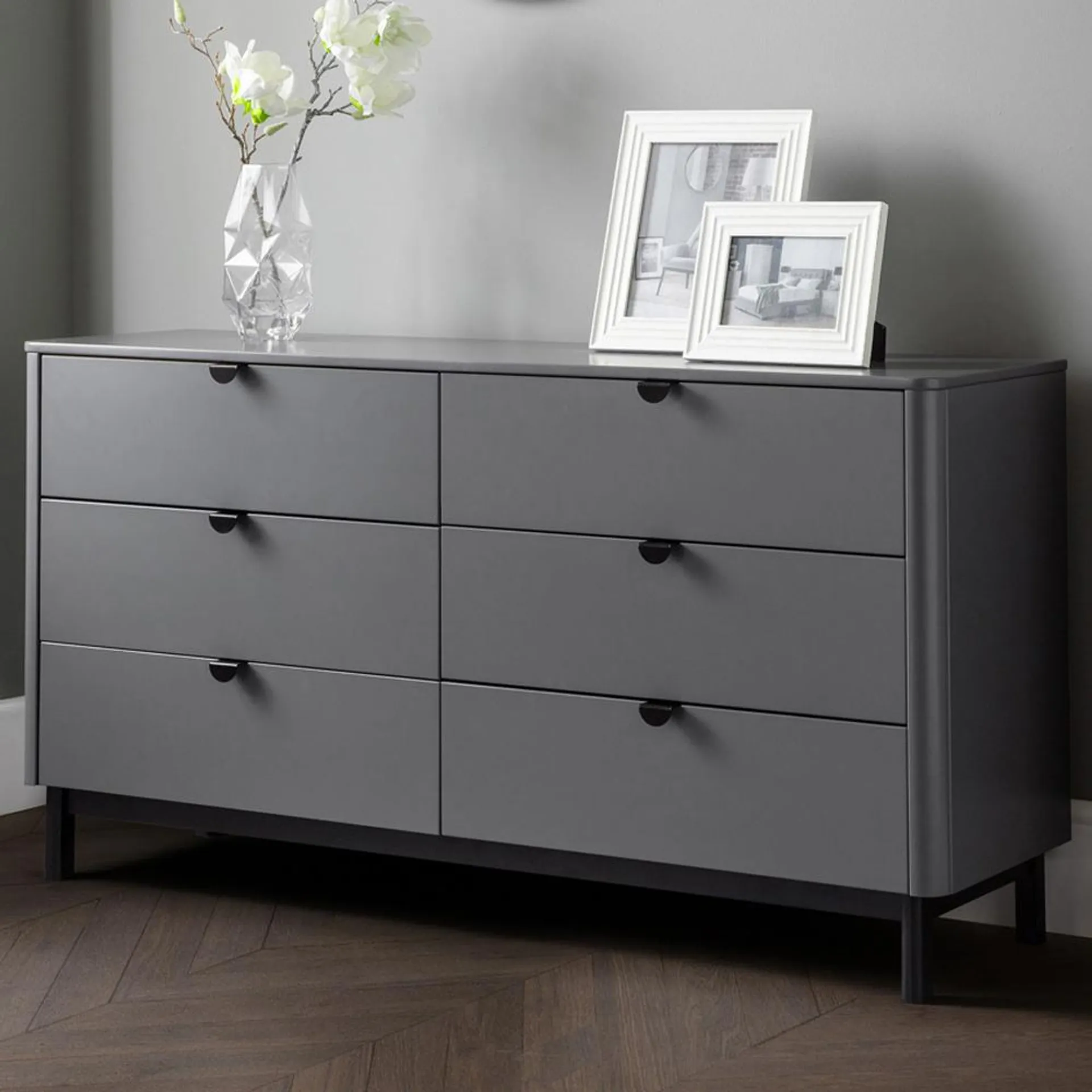 Julian Bowen Chloe 6 Drawer Storm Grey Lacquer Wide Chest of Drawers