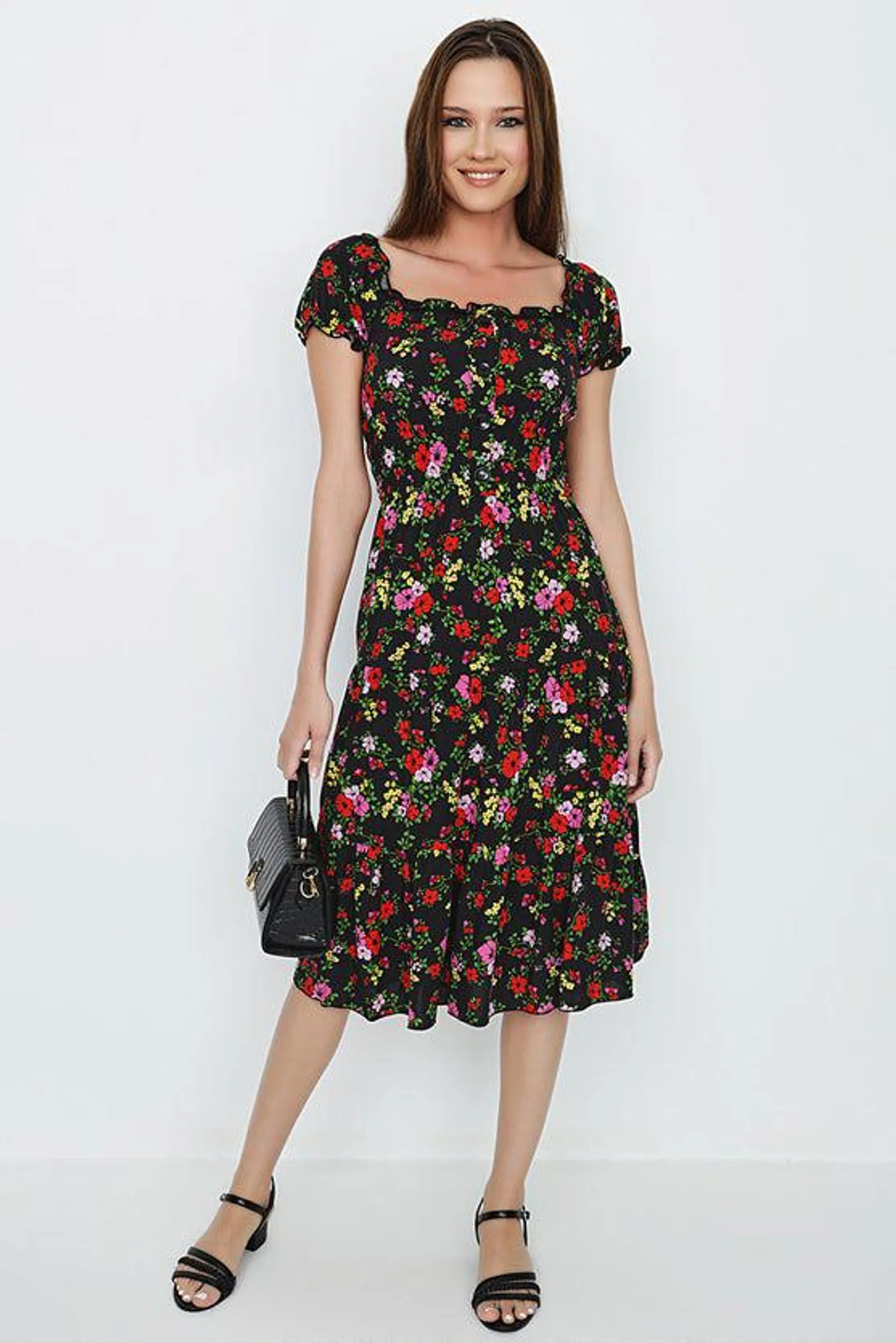 Black Floral Bardot Tea Dress