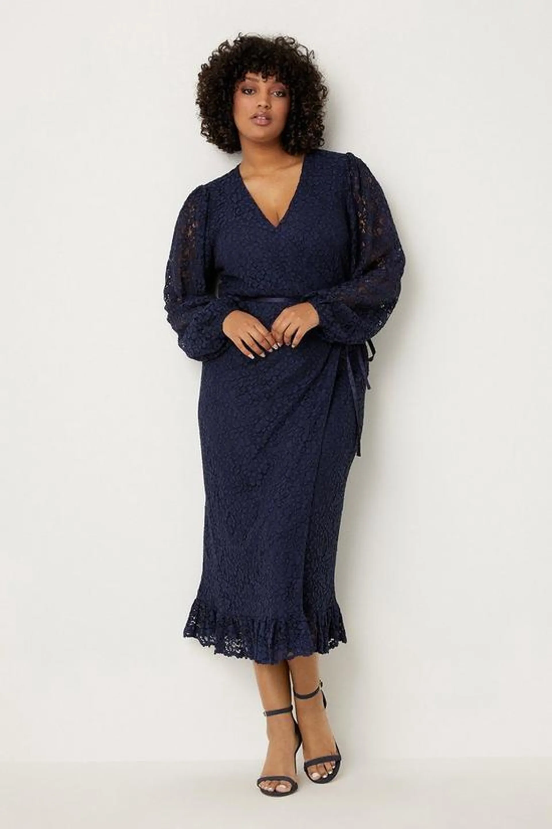 Curve Lace Ruffle Wrap Midi Dress