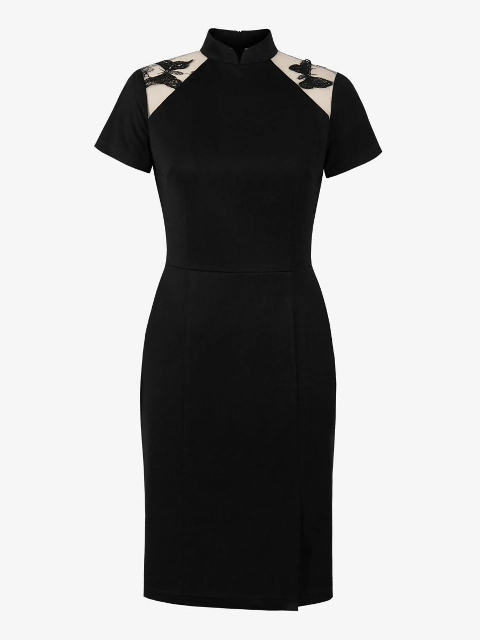 Bodycon Dresses Black High Collar Lace Elegant Short Sleeves Pencil Dress