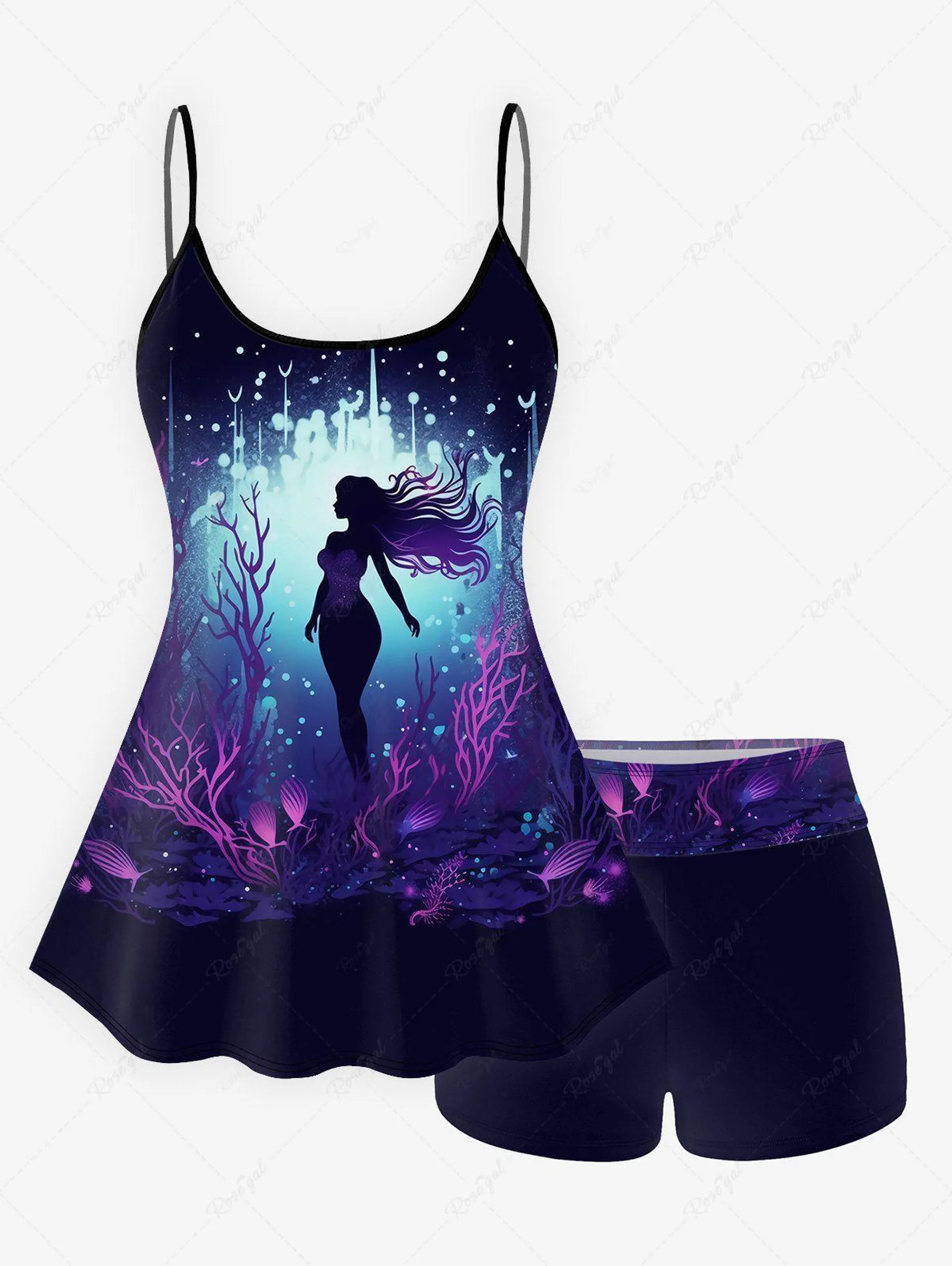 Gothic Mermaid Plant Glitter Print Tankini Swimsuit (Adjustable Shoulder Strap) - 5x