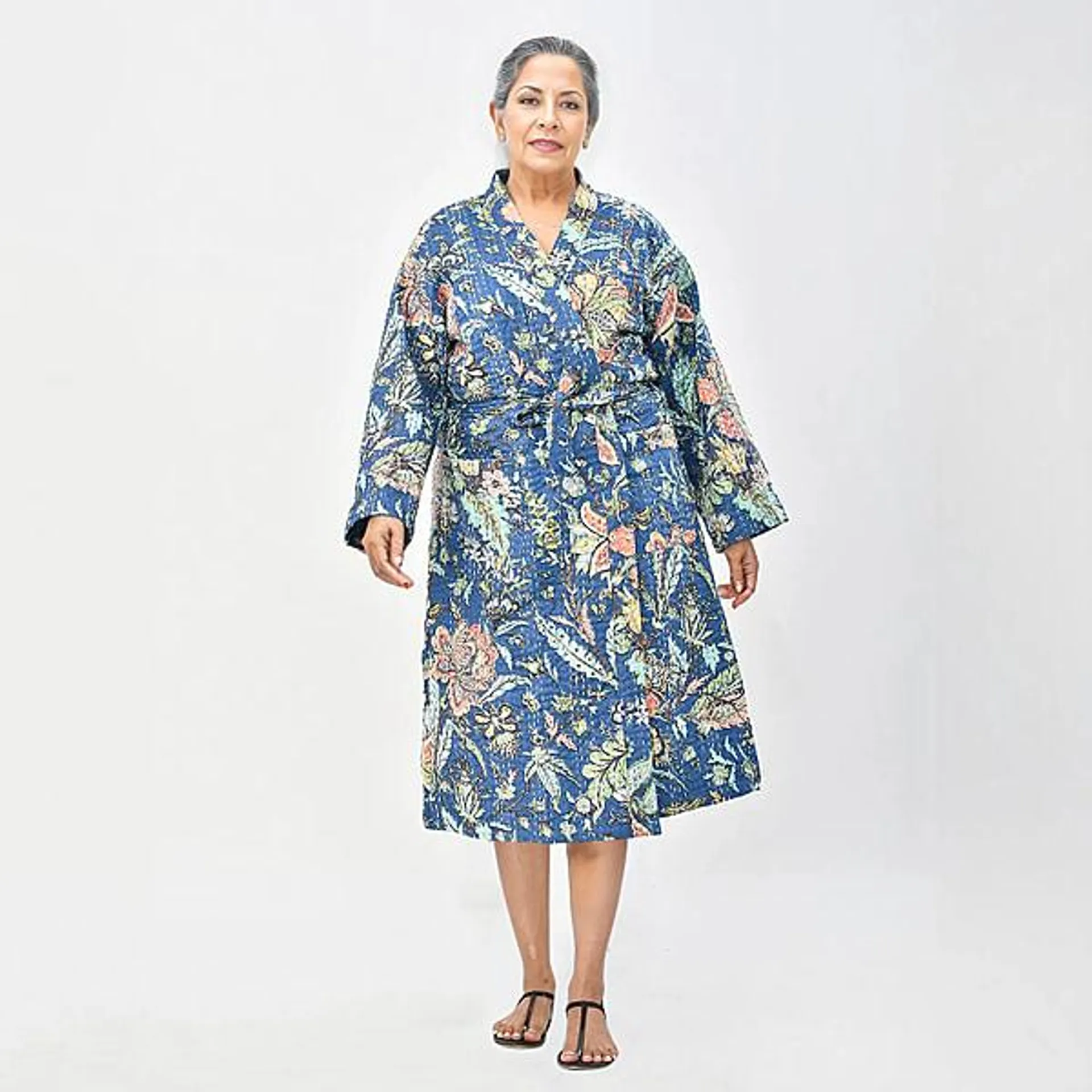 LA MAREY Cotton Printed Kantha Kimono (One Size) - Navy