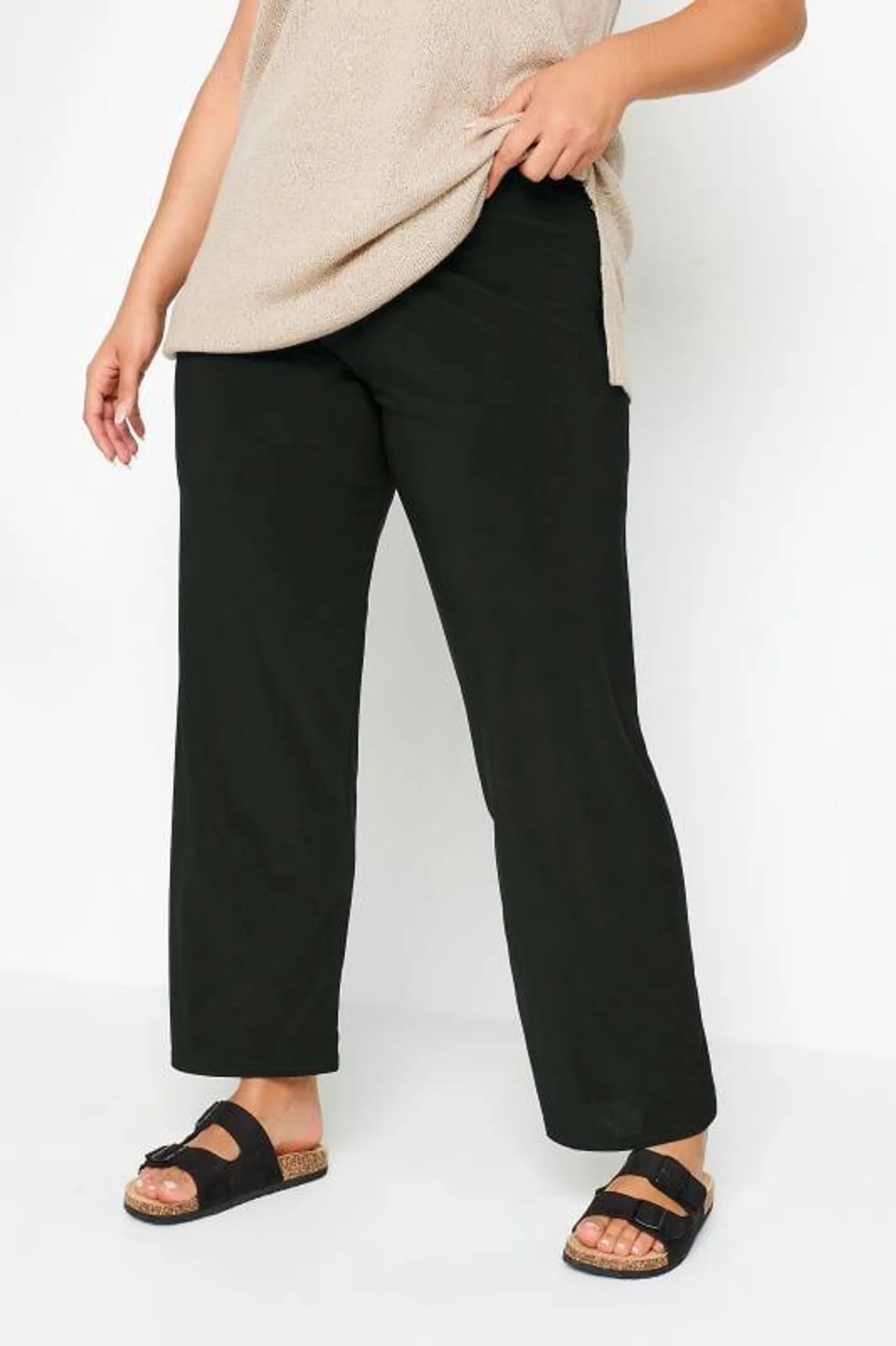 YOURS Curve Black Pull On Wide Leg Stretch Trousers