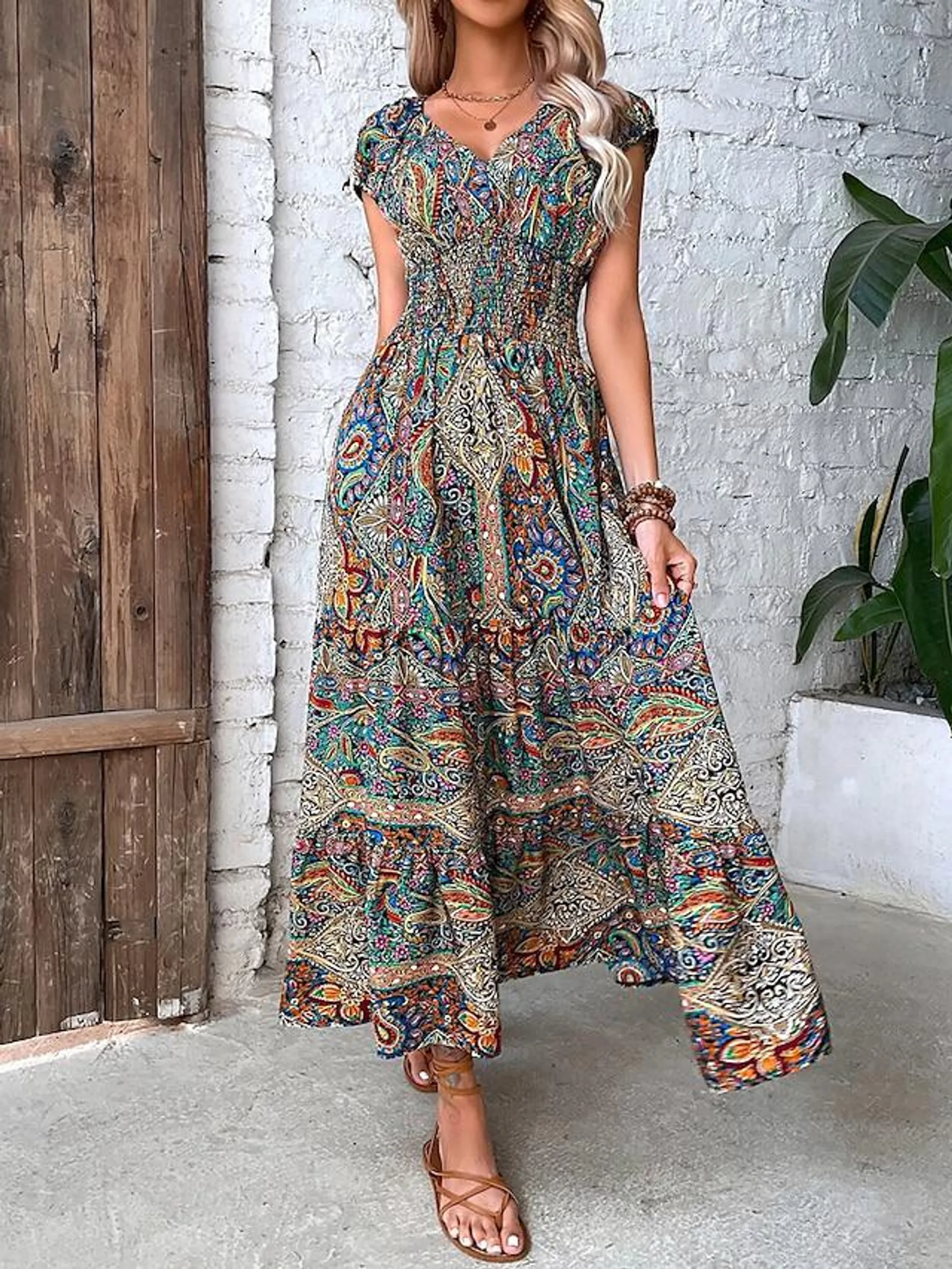 Women's Long Dress Maxi Dress Casual Dress Swing Dress Summer Dress Floral Paisley Tribal Fashion Casual Outdoor Daily Holiday Ruched Print Short Sleeve V Neck Dress Loose Fit Green Red Orange