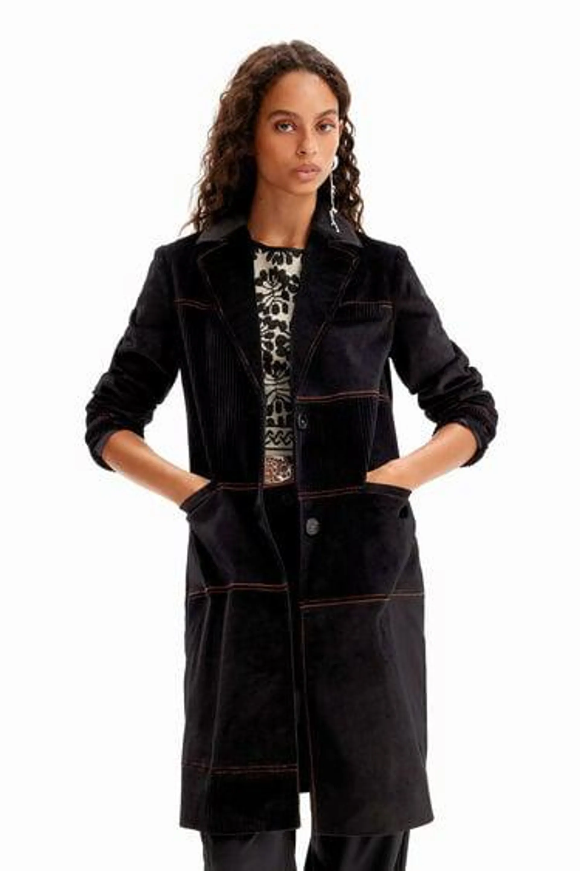 Long patchwork corduroy coat