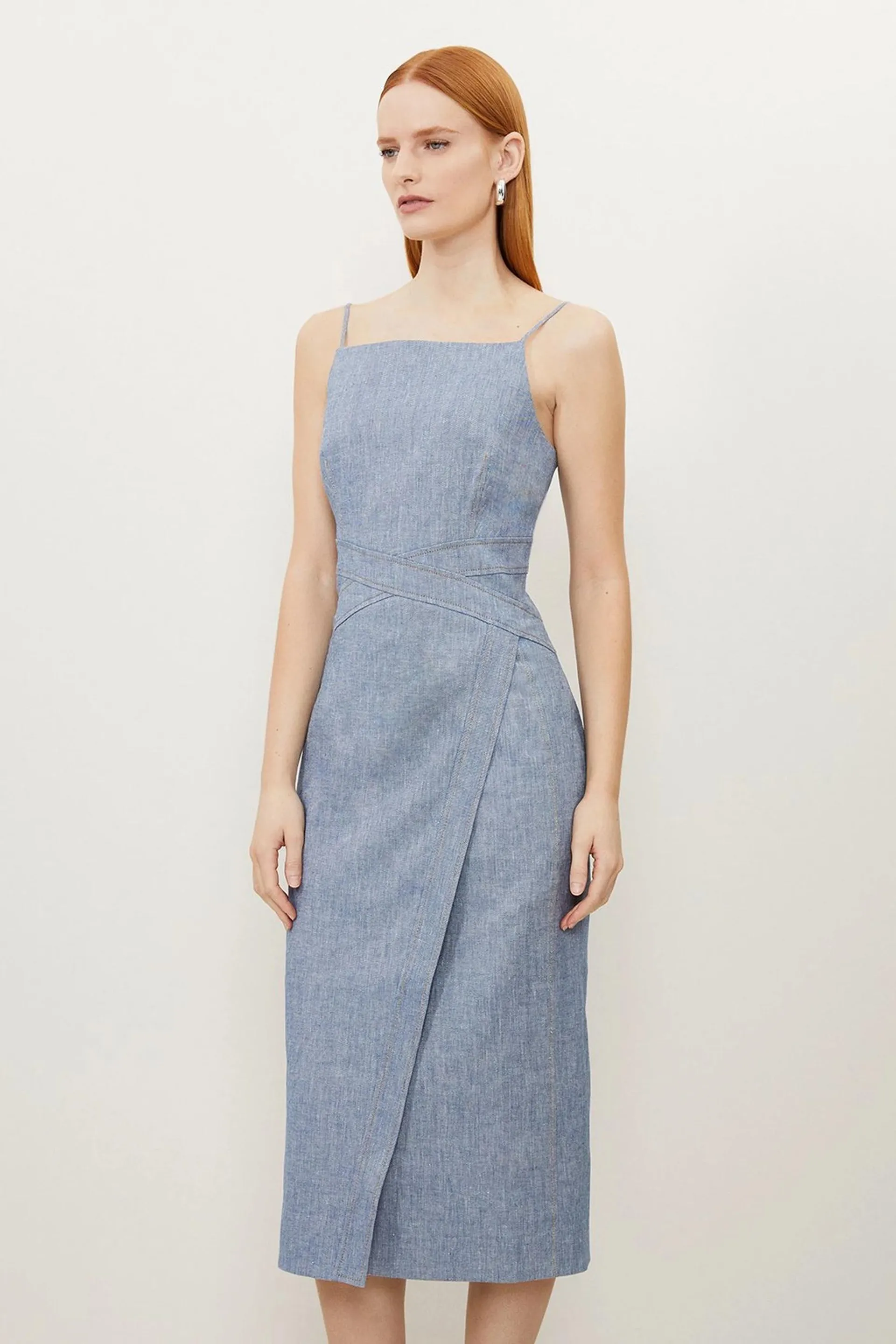 Tailored Denim Look Linen Strappy Pencil Midi Dress