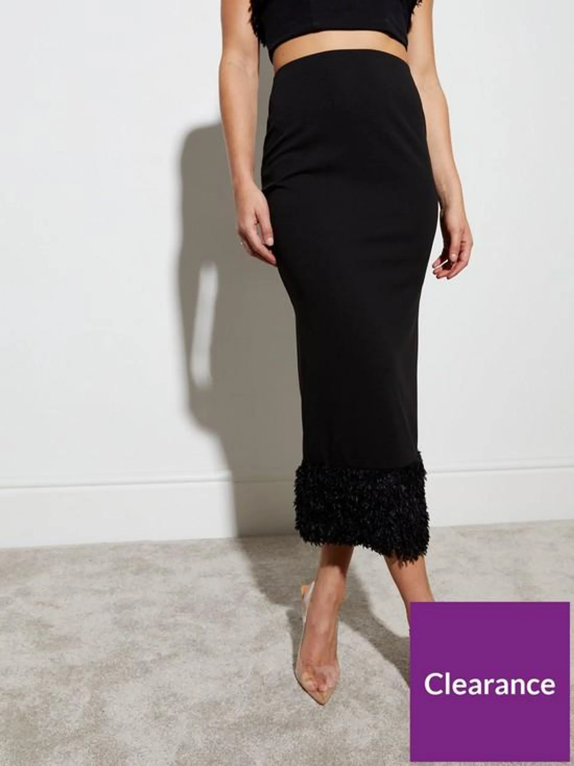 Black Fluffy Trim Midaxi Skirt