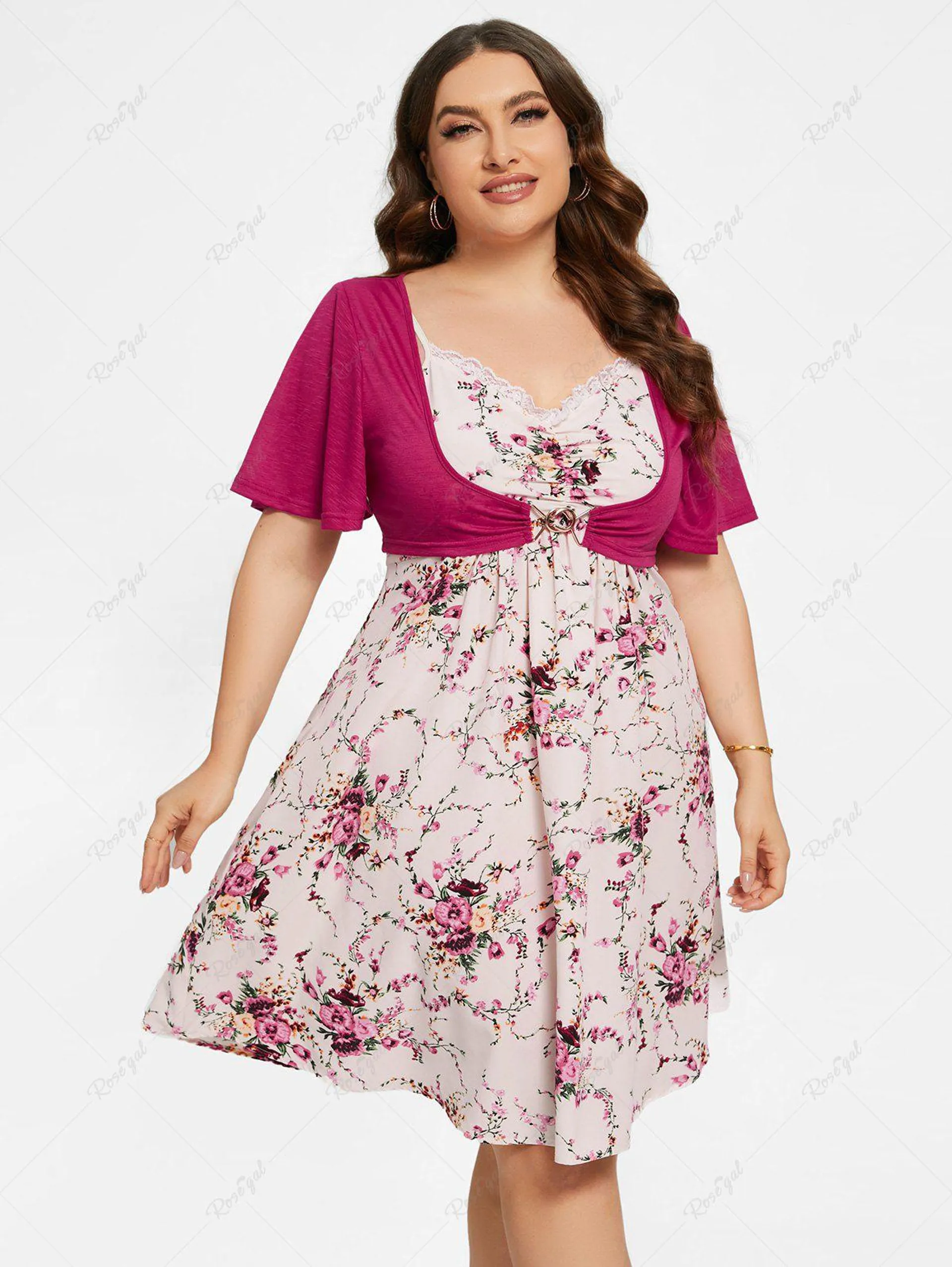Plus Size Flutter Sleeves Crop Top and Lace Panel Floral Cami Dress Set - 4x | Us 26-28