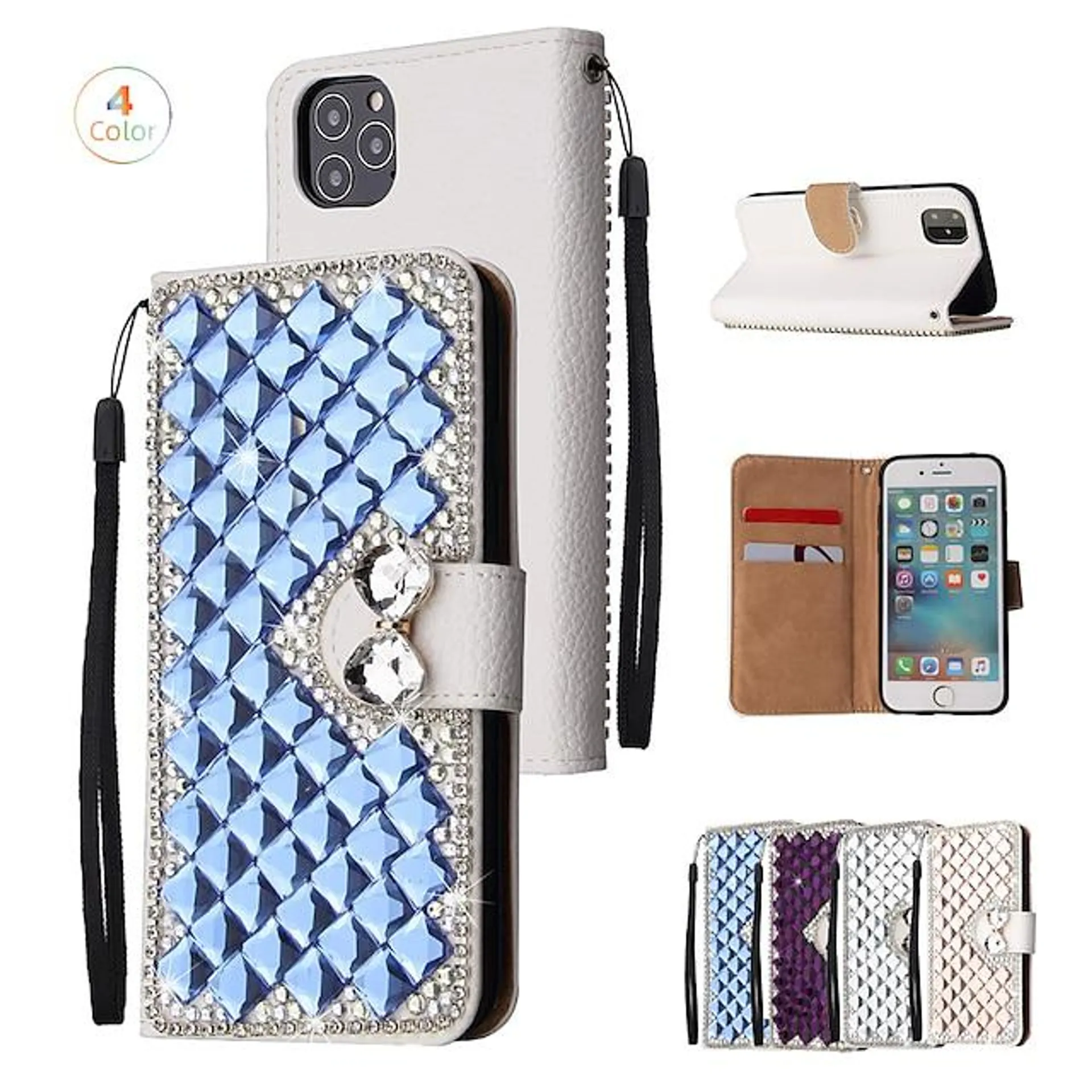 Phone Case For Apple Wallet Card iPhone 14 Pro Max 13 12 11 Pro Max Mini X XR XS 8 7 Plus Rhinestone with Phone Strap Magnetic Flip Crystal Diamond PU Leather