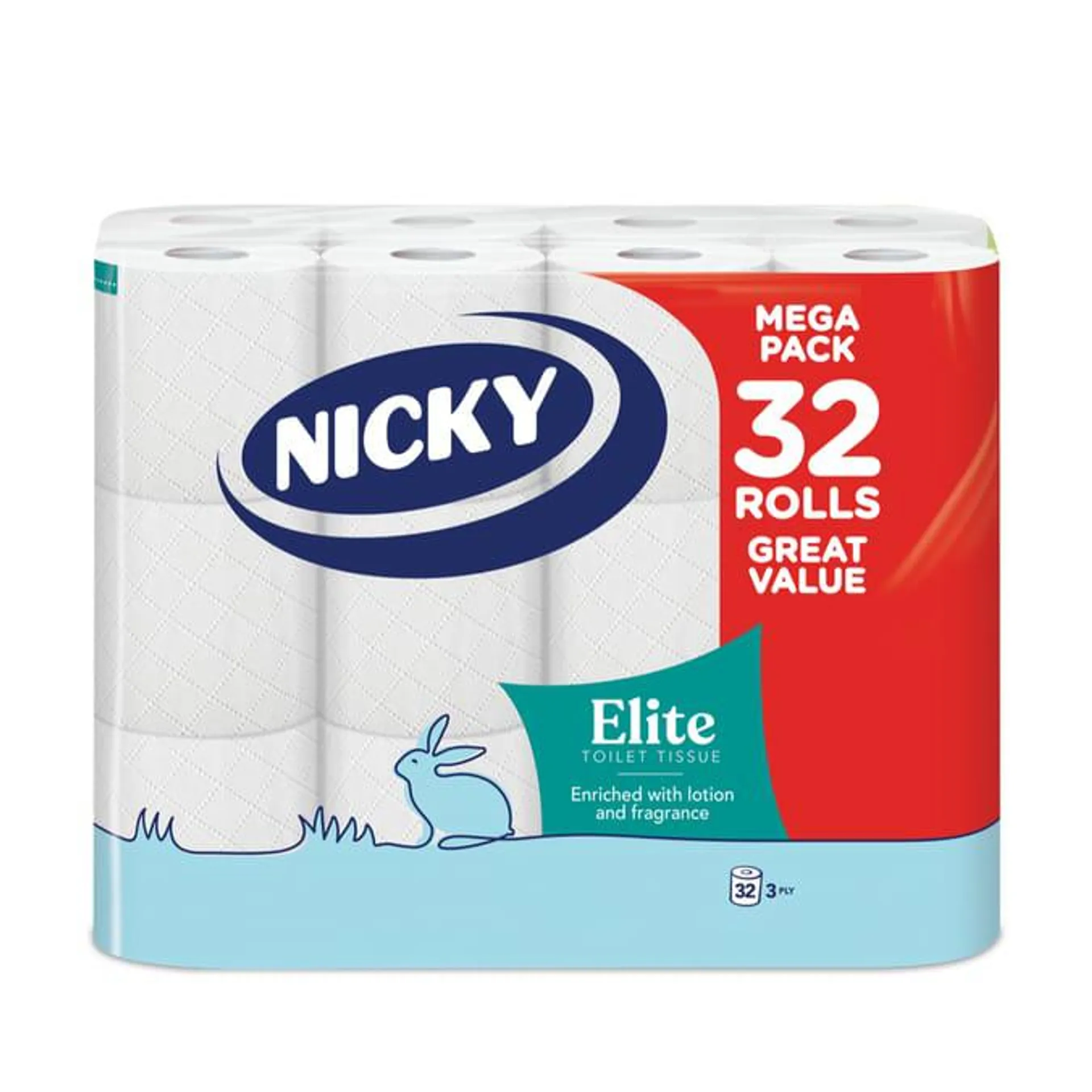 Nicky Elite 3 Ply Quilted Toilet Rolls 32 Pack
