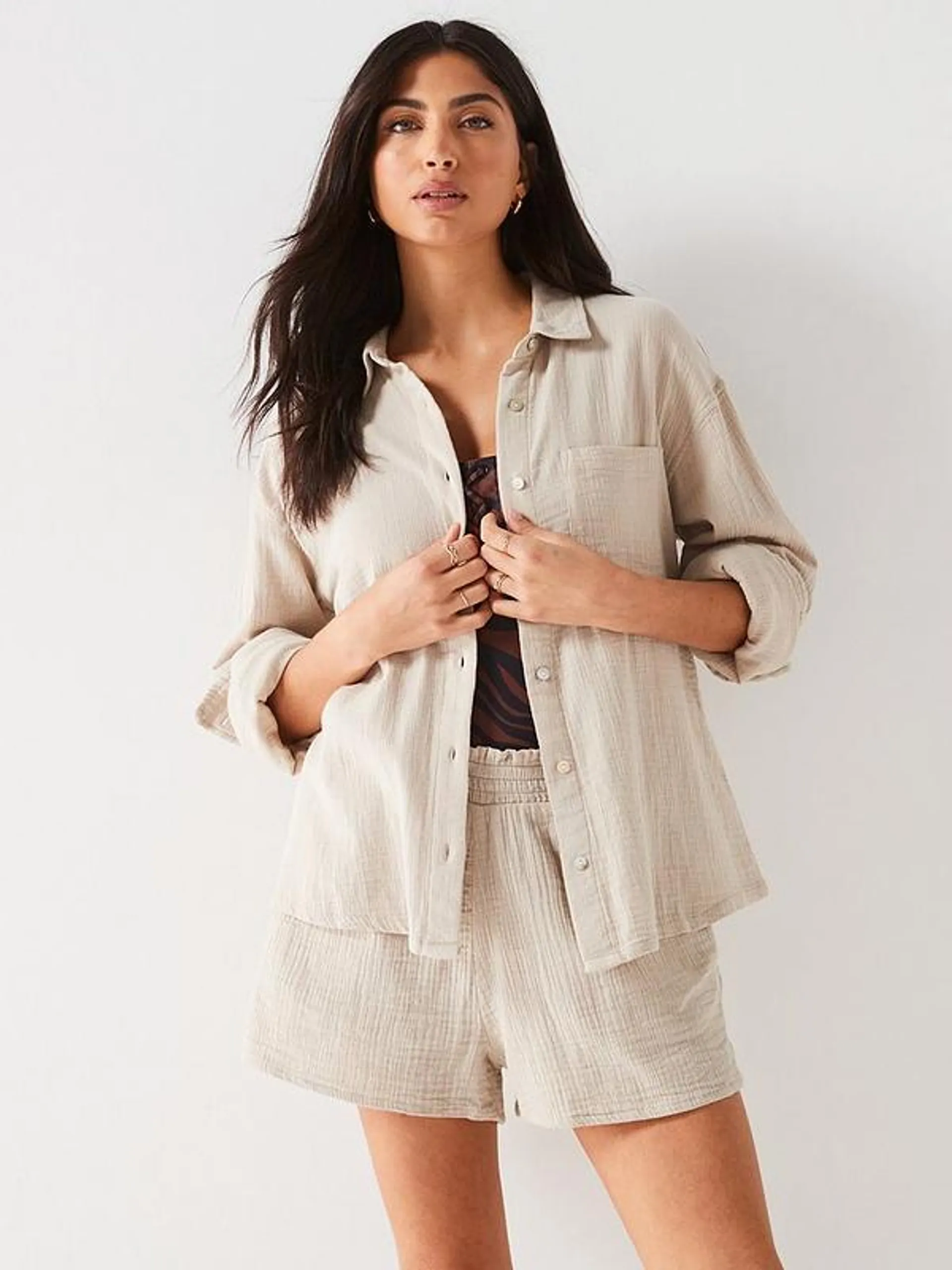 Crinkle Long Sleeve Beach Shirt - Natural