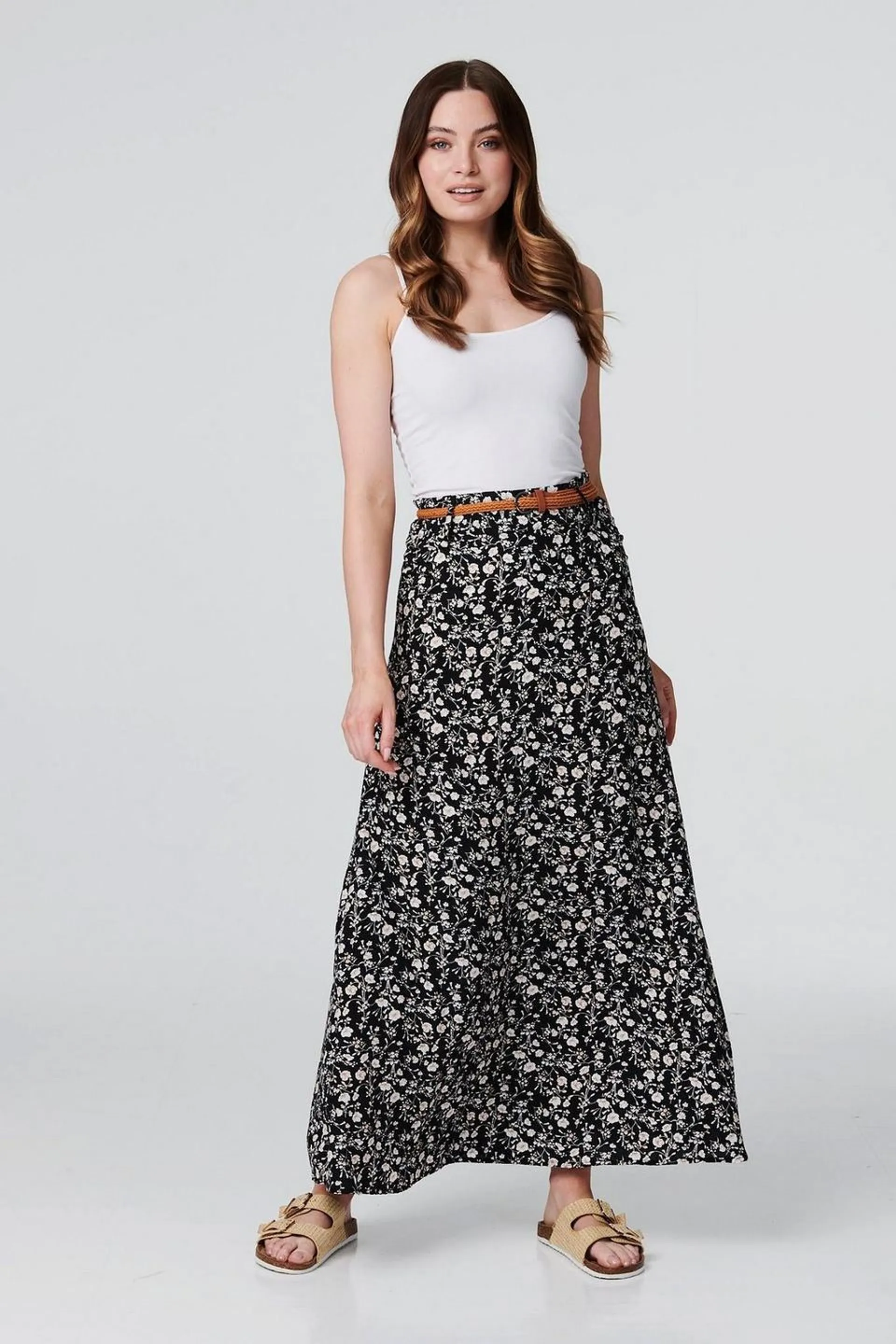 Ditsy Ankle Length Belted Skirt