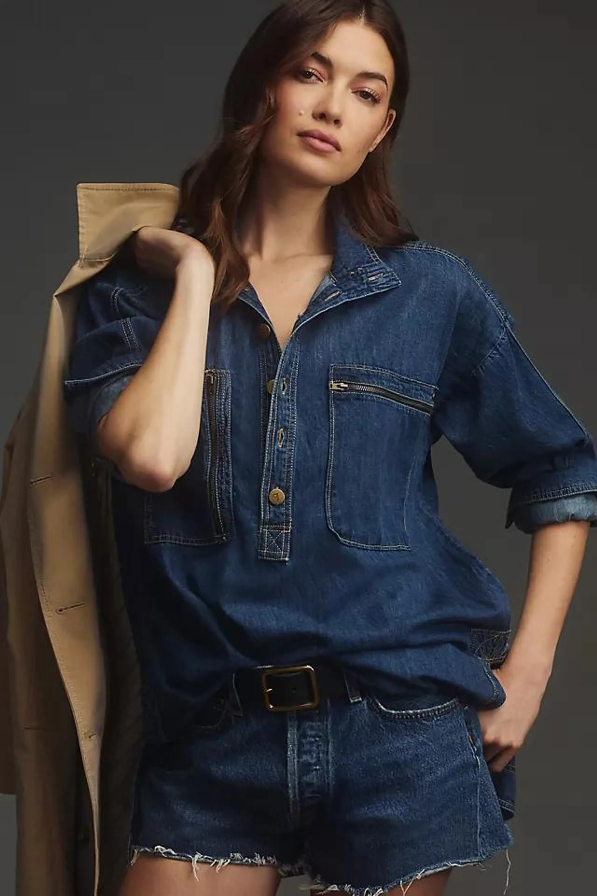 Pilcro Half-Button Denim Tunic Shirt