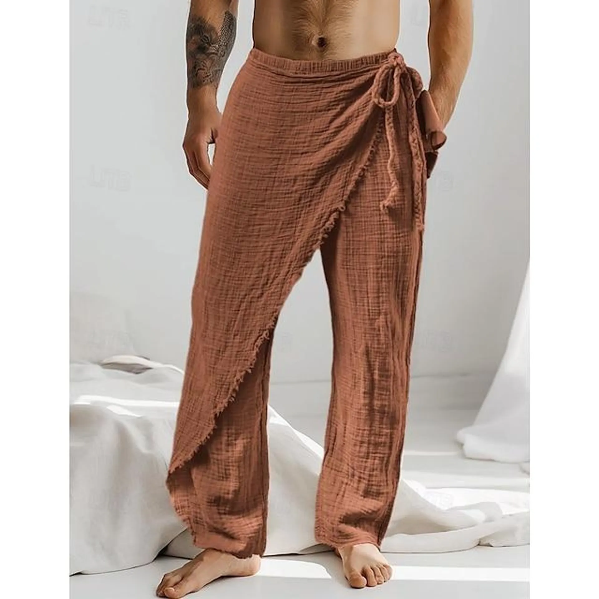 Men's Linen Pants Trousers Summer Pants Drawstring Elastic Waist Straight Leg Plain Comfort Breathable Full Length Casual Daily Holiday Fashion Classic Style White Brown