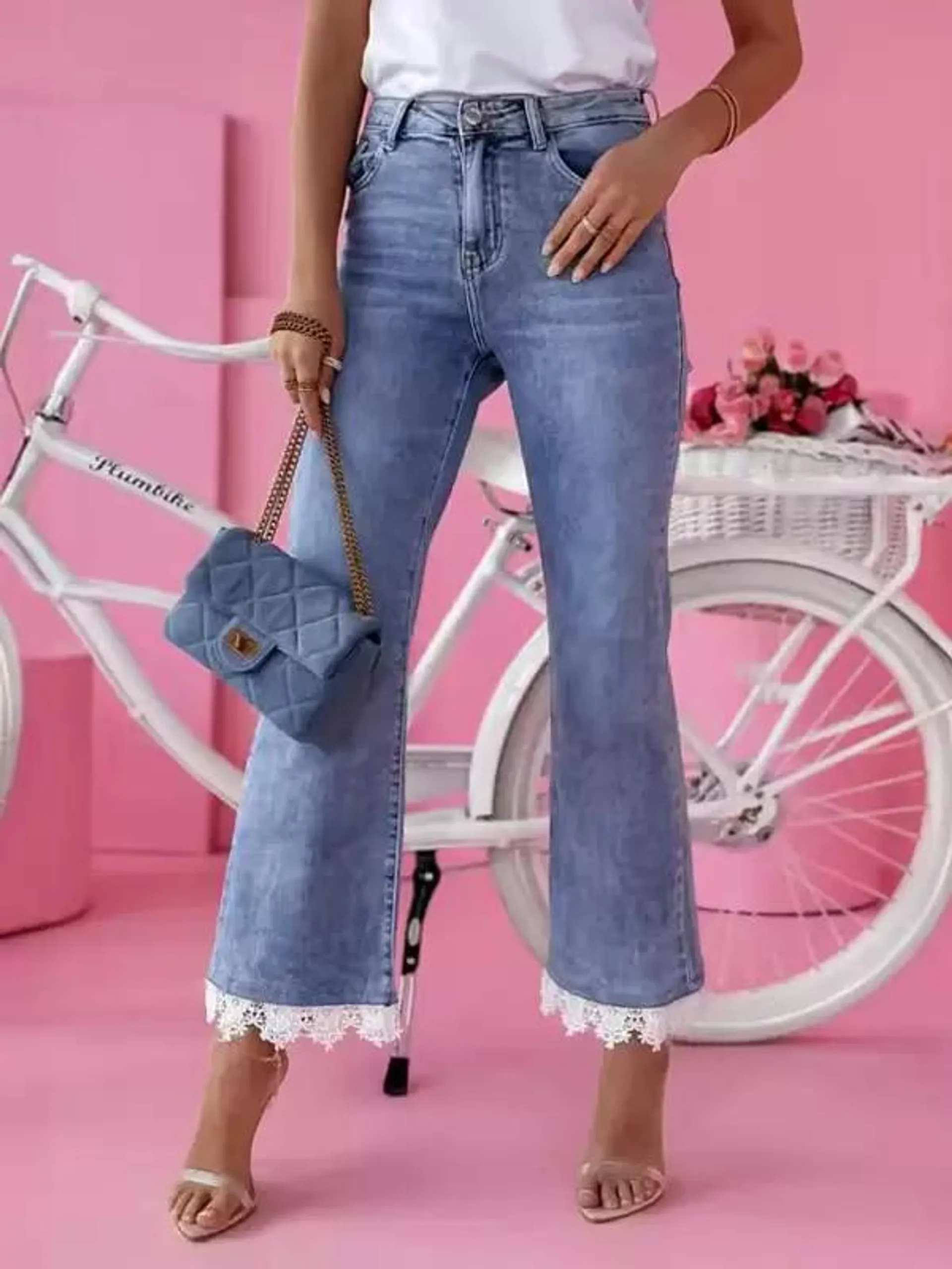 Women's Jeans Chic Lace Raised Waist Denim