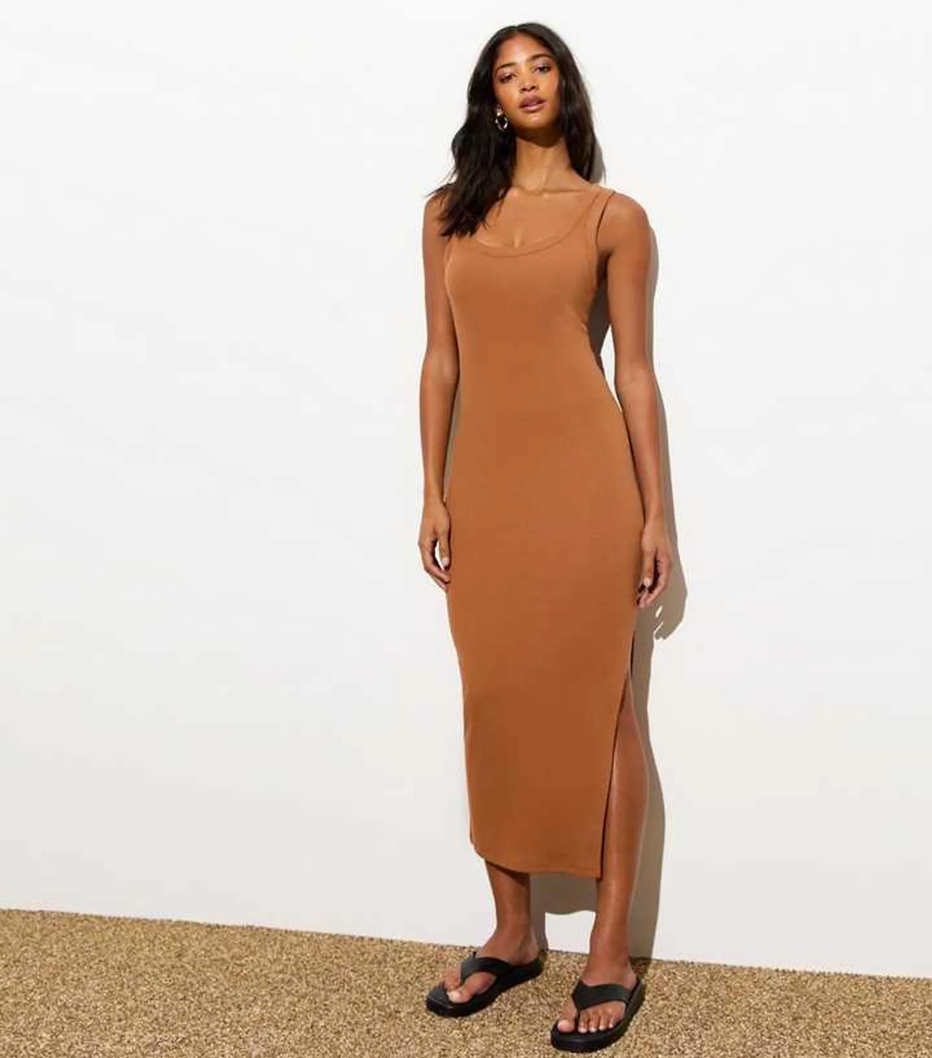 Camel Ribbed Scoop Neck Split Hem Midi Dress